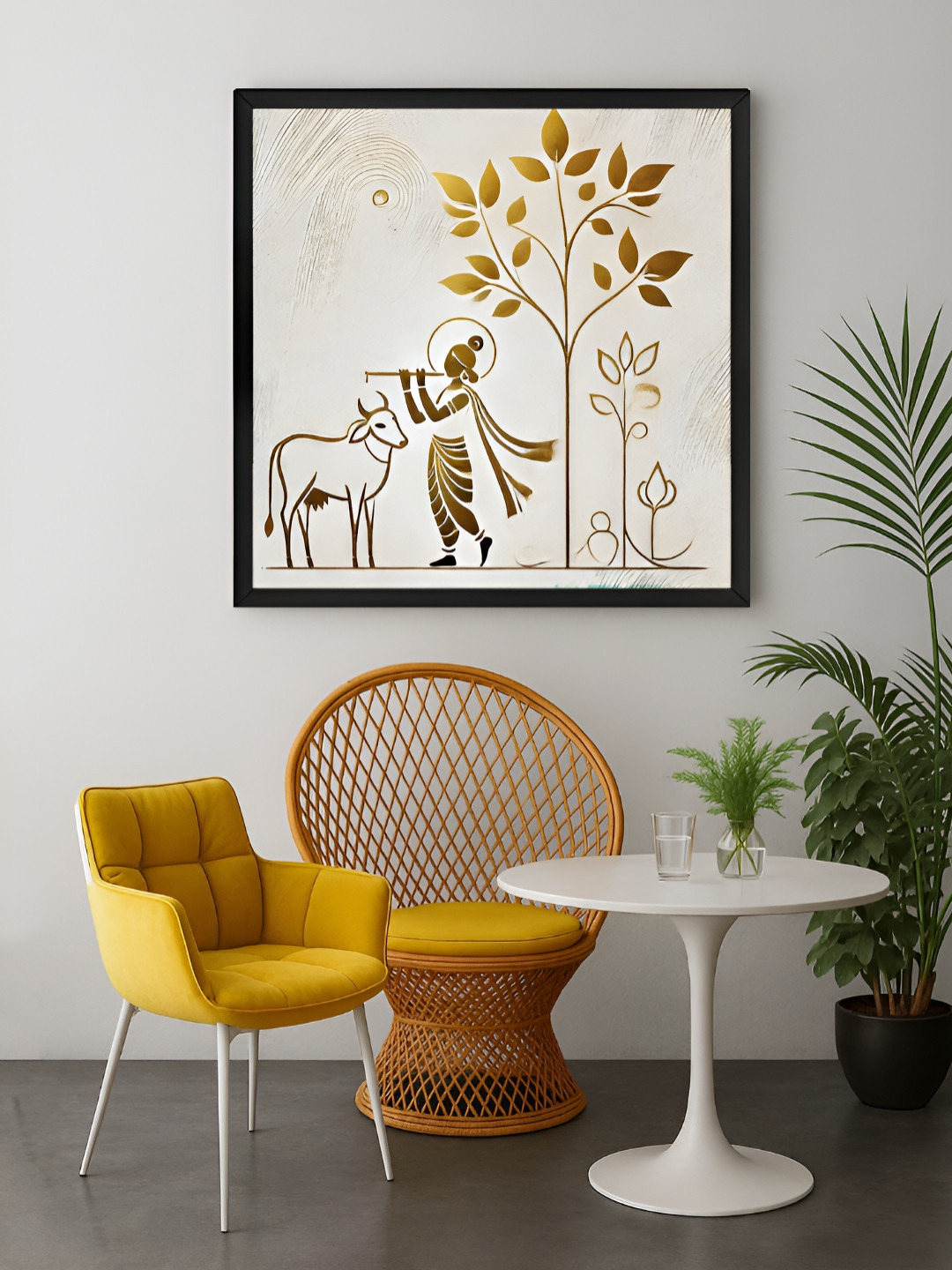 999Store Off White & Gold-Toned 1 Piece Krishna Playing The Flute Canvas Wall Art