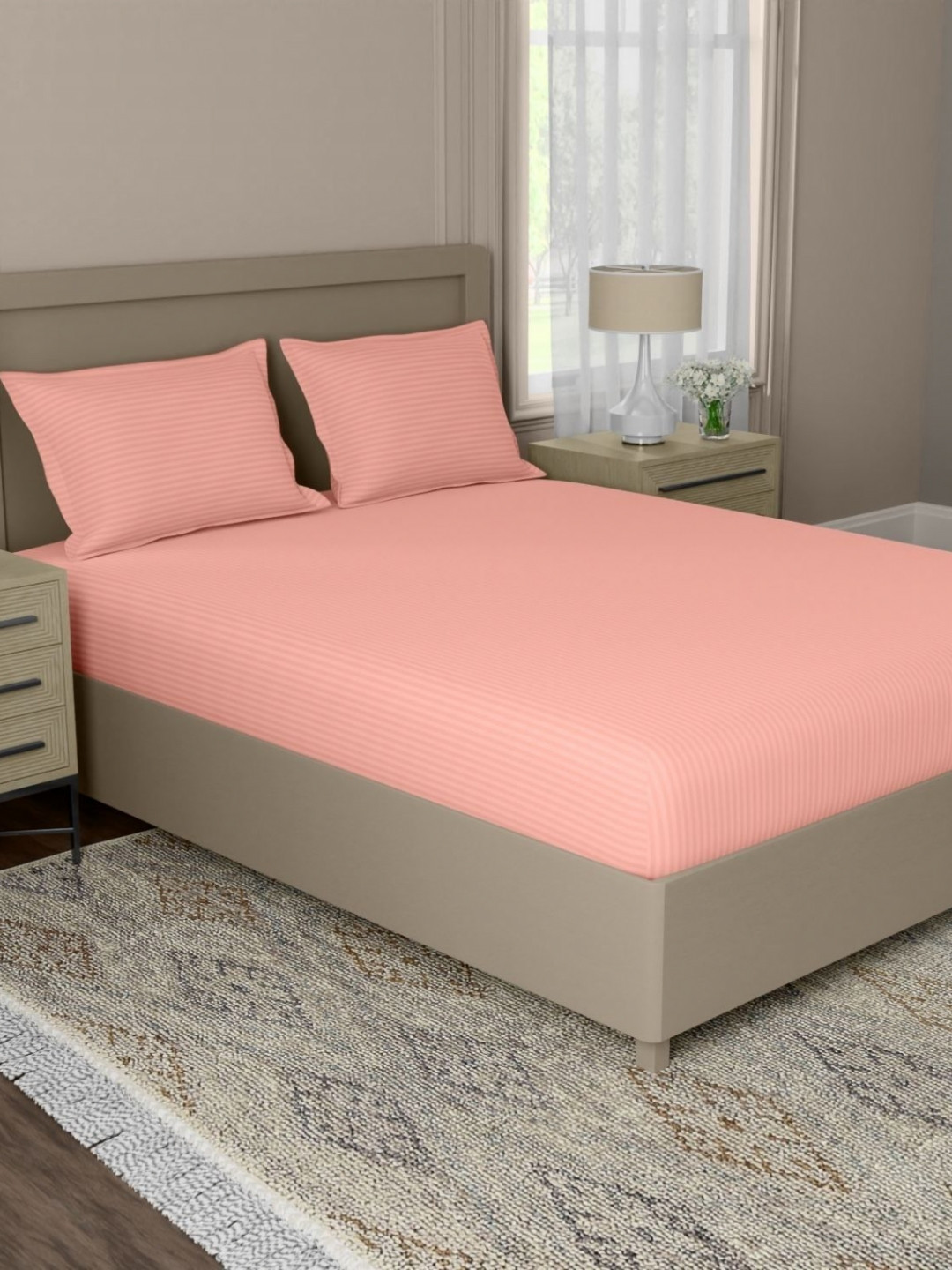 home expressions Palette Peach Striped Satin 210TC Super King Bedsheet Set 2.74m X 2.74m