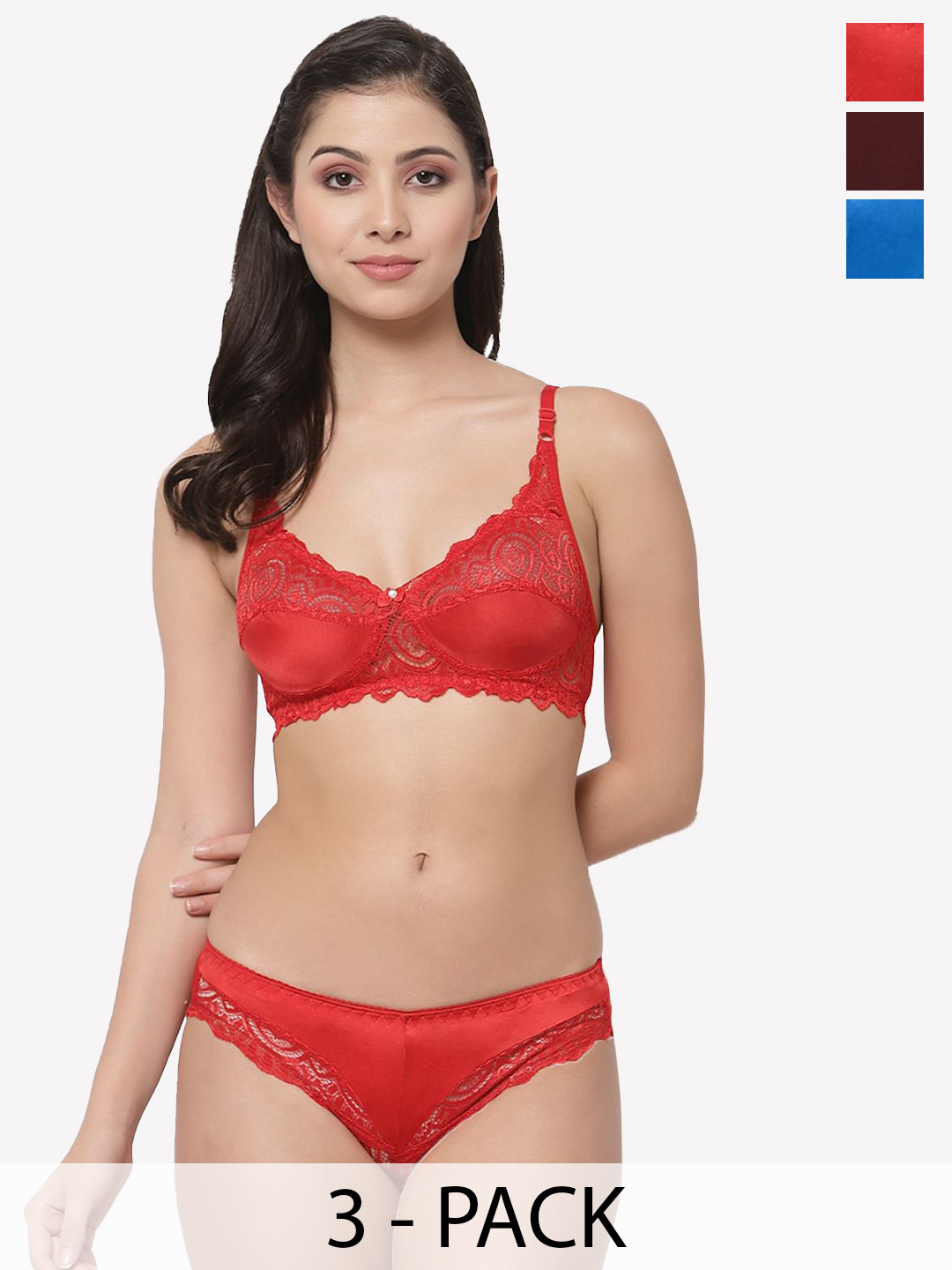 Samvar Pack Of 3 Self-Designed Non Padded Lingerie Set A-Stich-Set_Red,Maroon,Blue