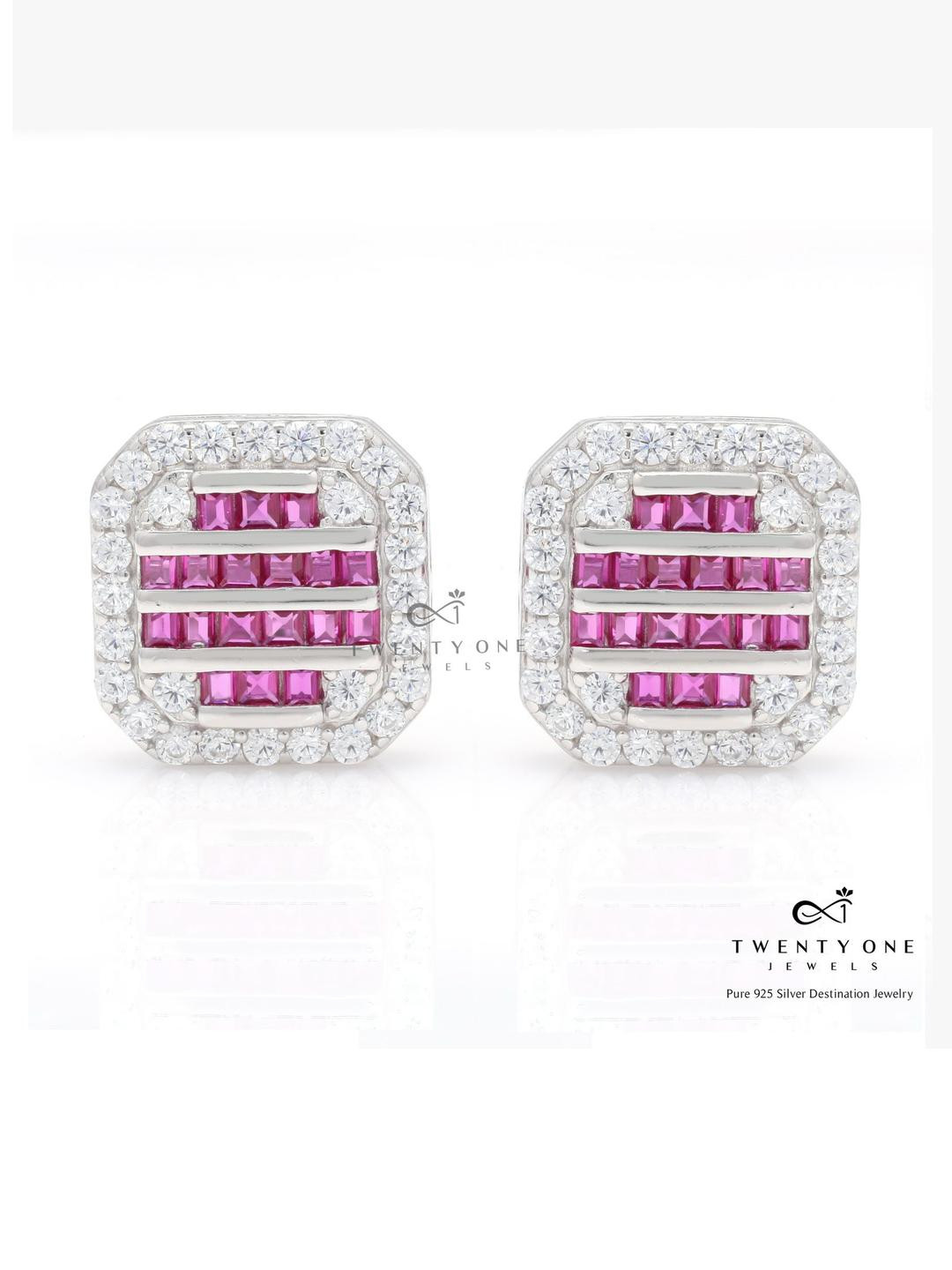 American Diamond With Ruby Baguette Amira Stud on Pure 925 Silver