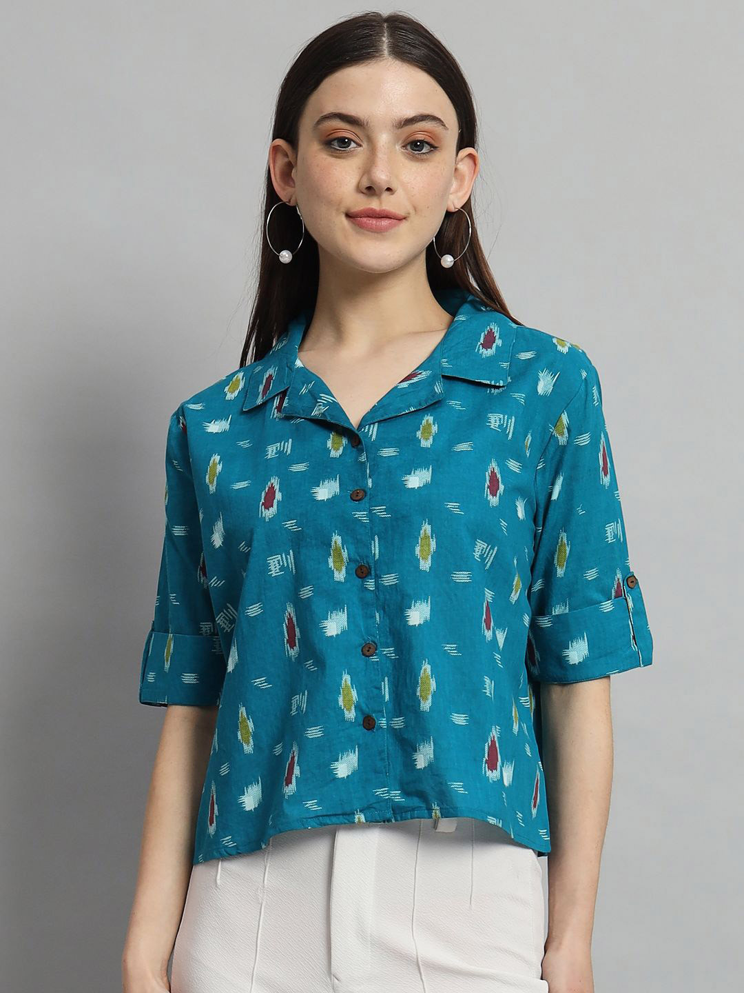 Ravaiyaa Women Ikat Print Roll-Up Sleeves Cotton Crop Top