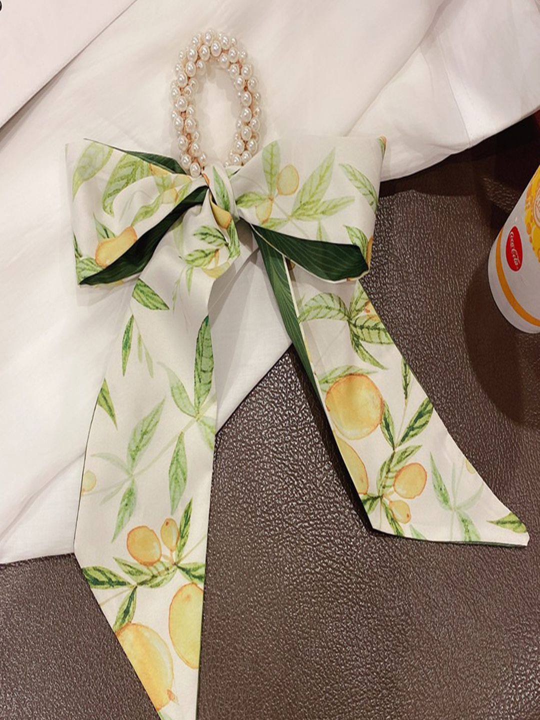 LYKAA Set of 1 Green Printed Satin Scarf Hair Scrunchies With Pearl