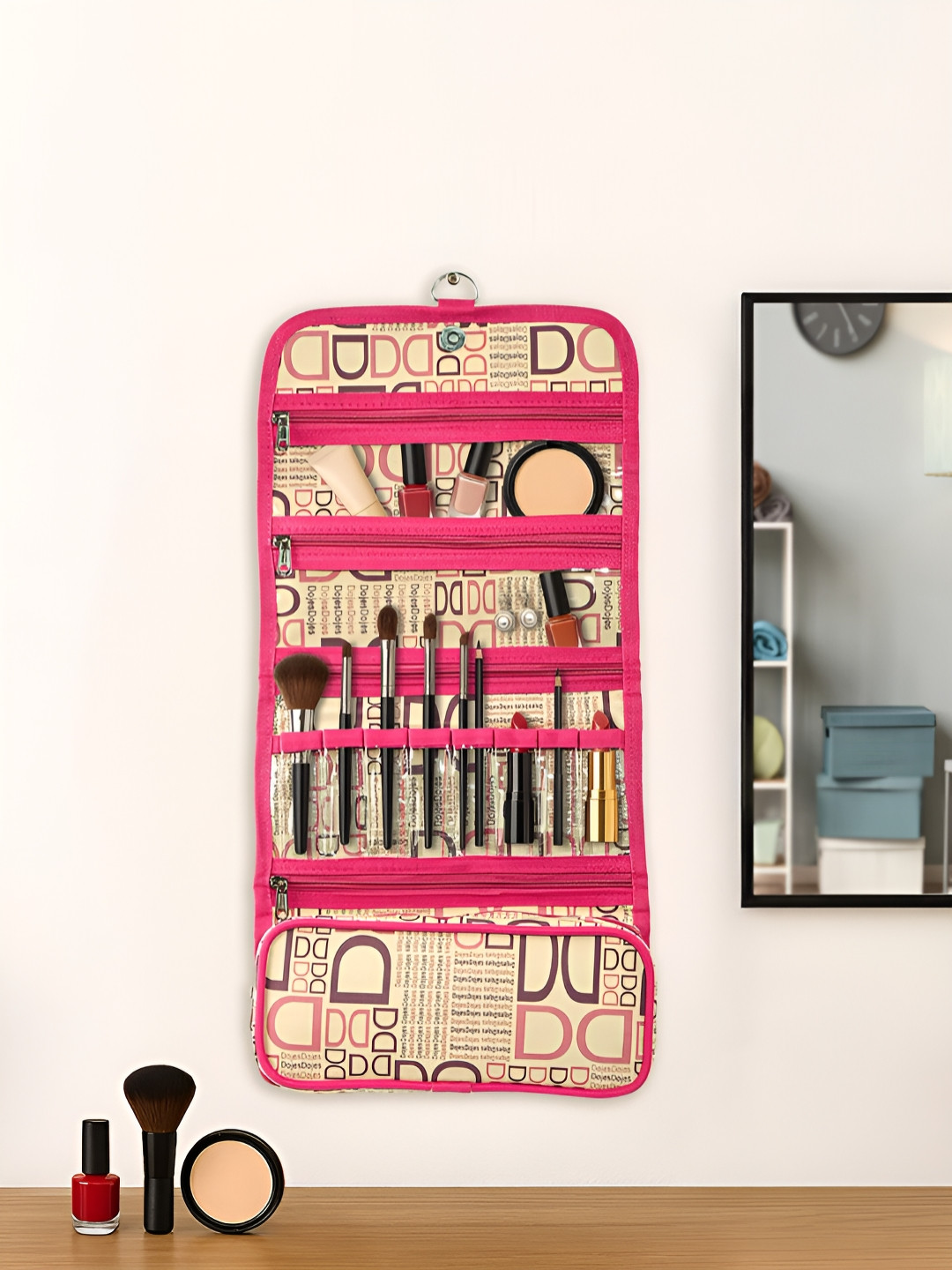 Aura Pink Hanging Makeup Kit with Snap Button Organiser