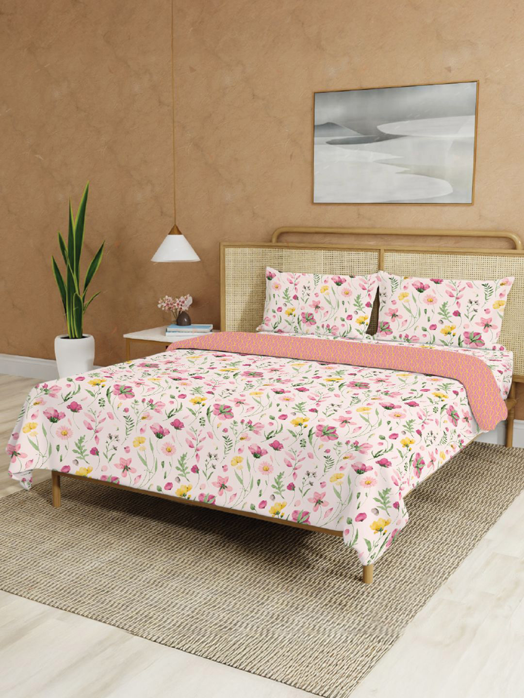 URBAN SPACE Meadows Pink & Yellow Printed Pure Cotton Double Queen Superfine Bedding Set