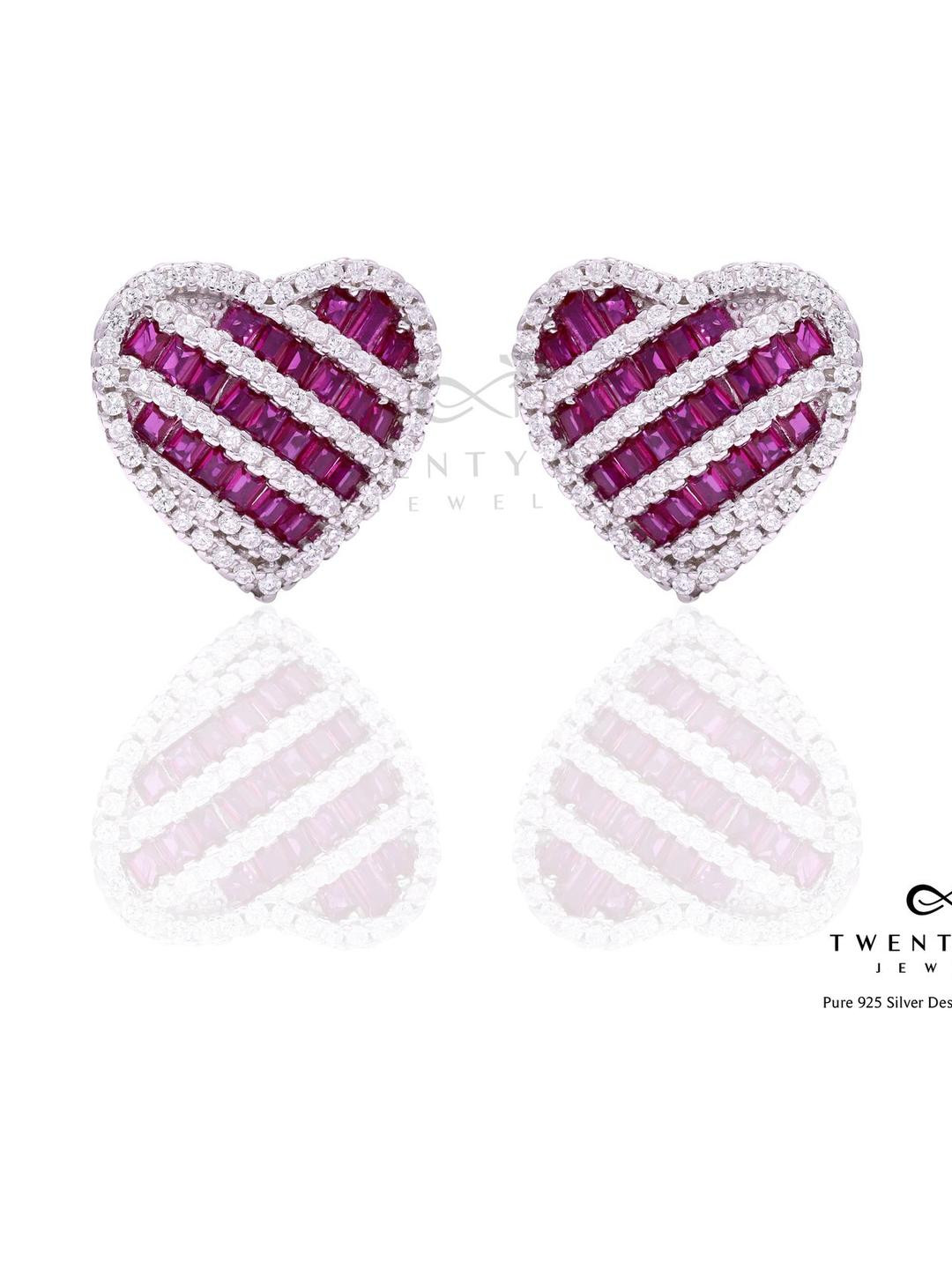 American Diamond and Ruby Studded Love Struck Heart Studs on Pure 925 Silver