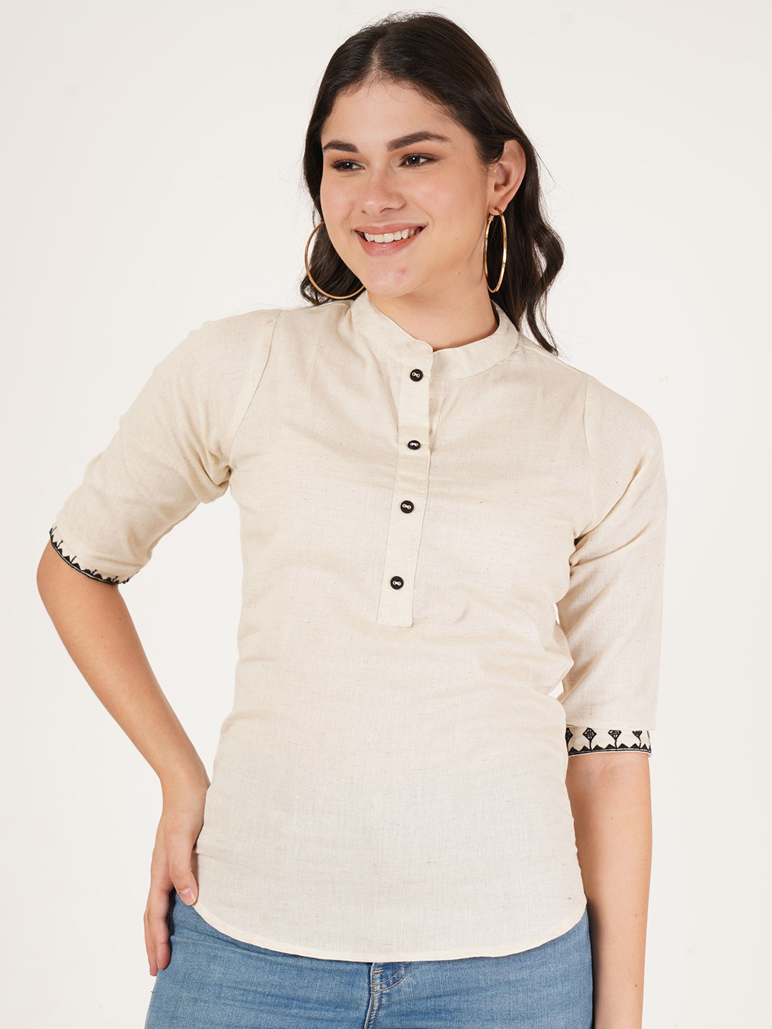 Ethic Glance Women Pure Cotton Mandarin Collar Embroidered Styling Top