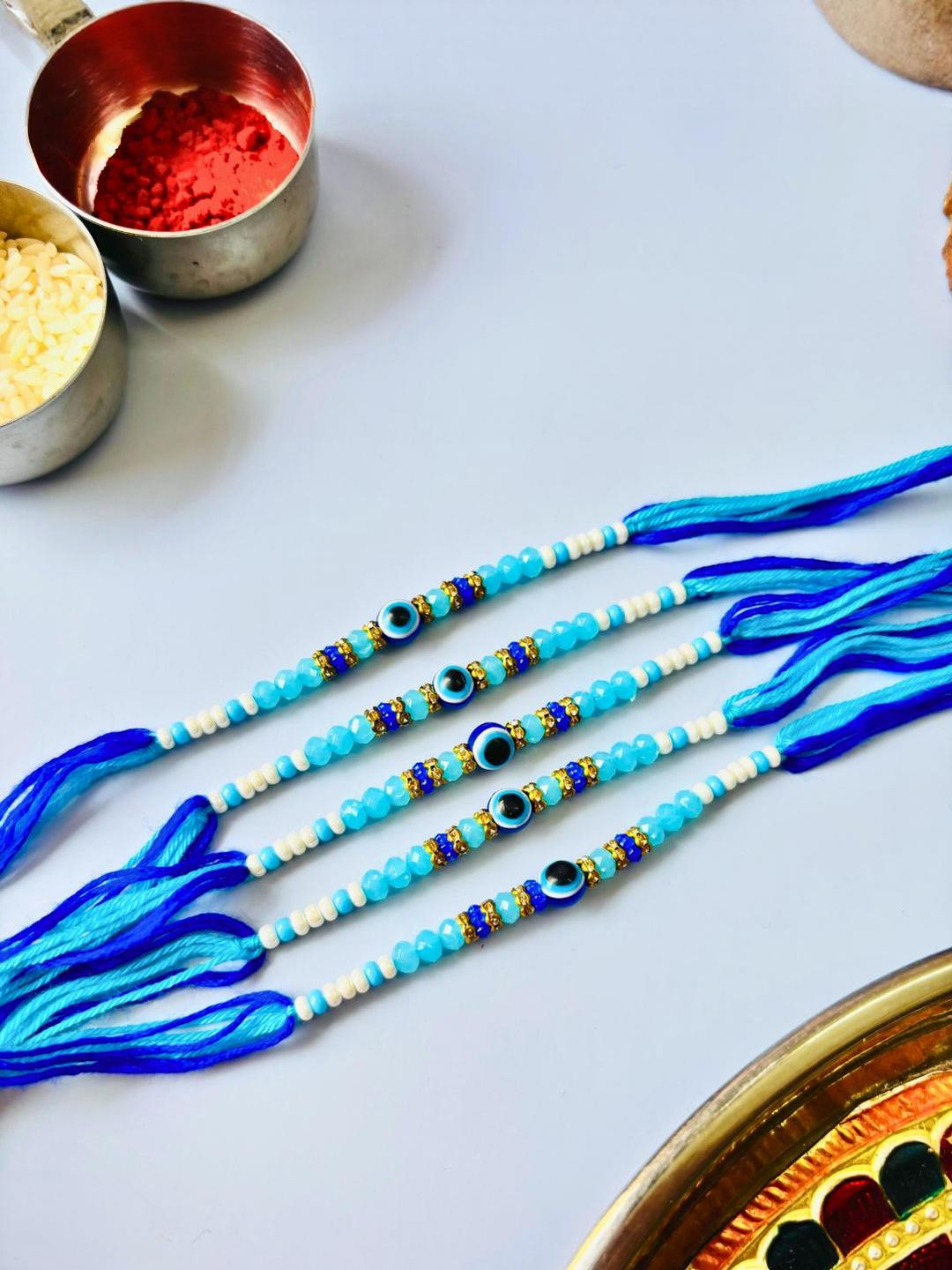Pack of 5 Blue Evil Eye Rakhi Stone Studded & Beaded Thread Rakhi Traditional Handmade Rakhi for Brother