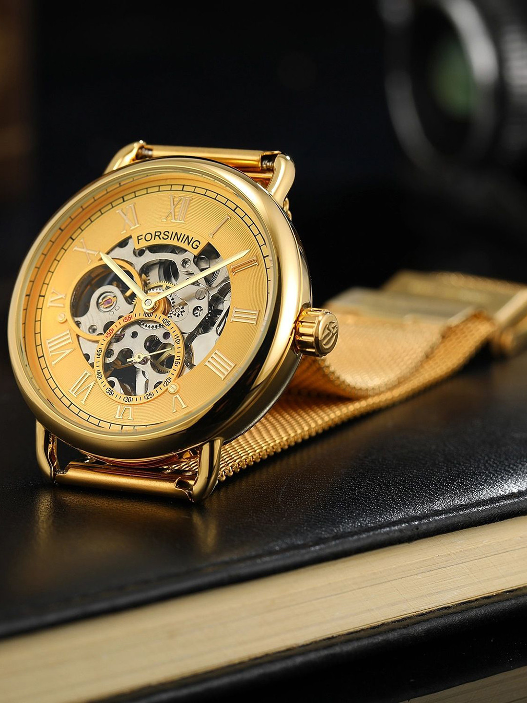 FORSINING Men Analog Watch with Round Dial, Roman Numerals, and Stainless Steel Strap