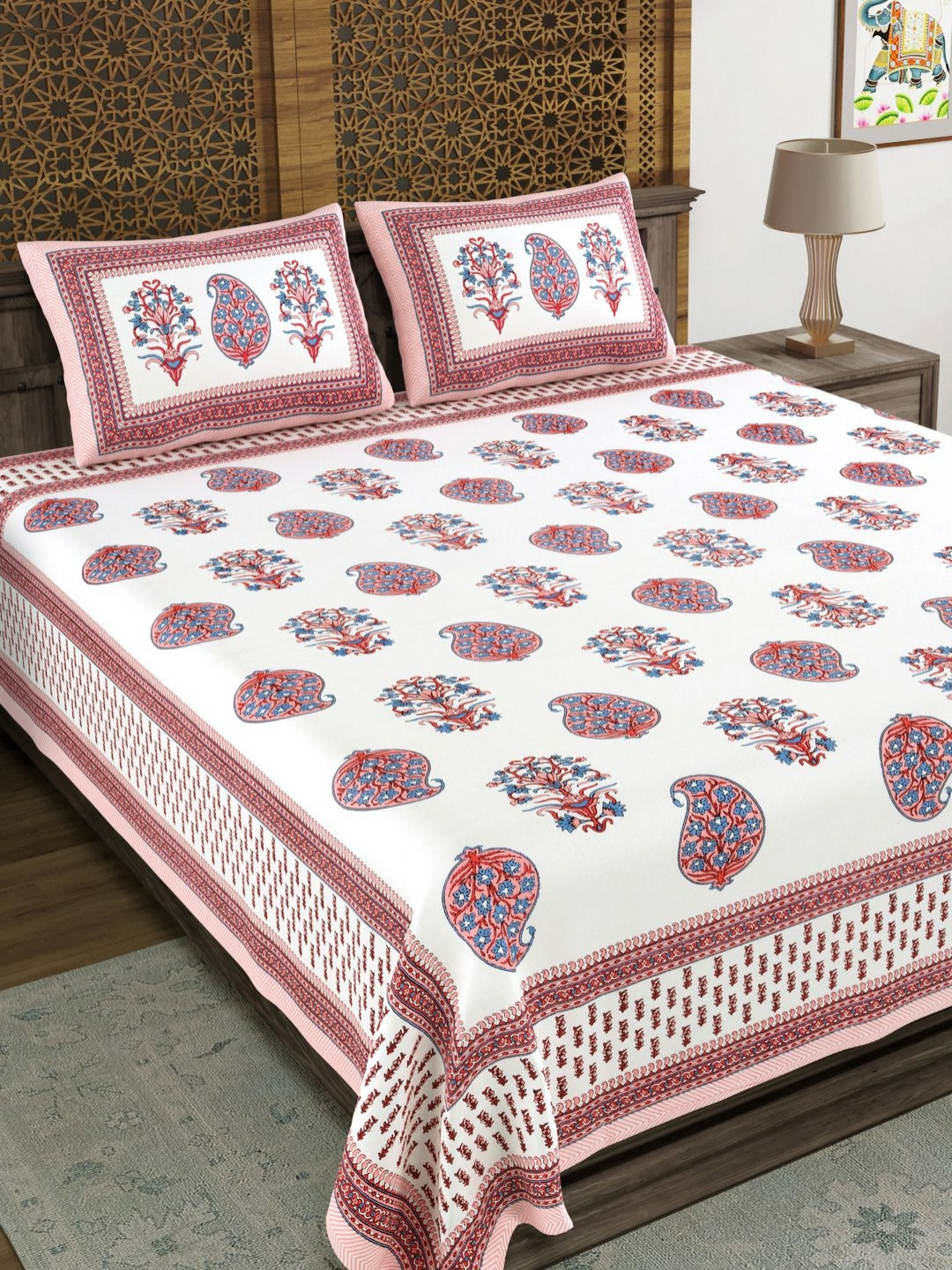 Sangria White & Red Printed 210 TC Cotton King Bedsheet With 2 Pillow Covers 2.7 m x 2.2 m