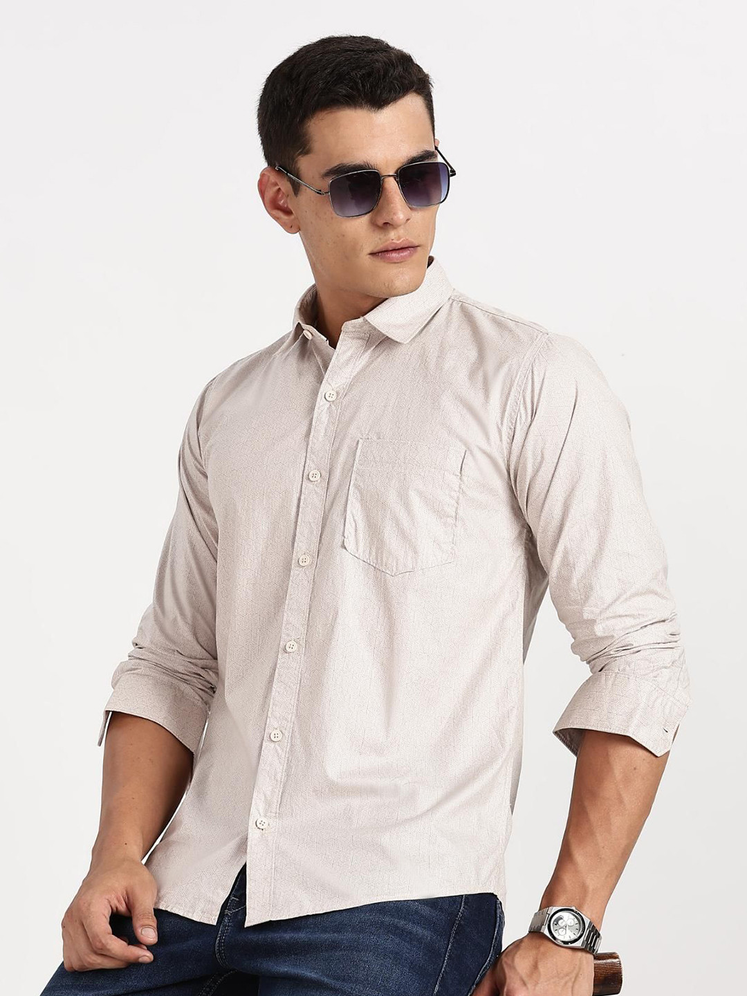 COLOR HUNT Comfort Geometric Printed Spread Collar Pure Cotton Shirt