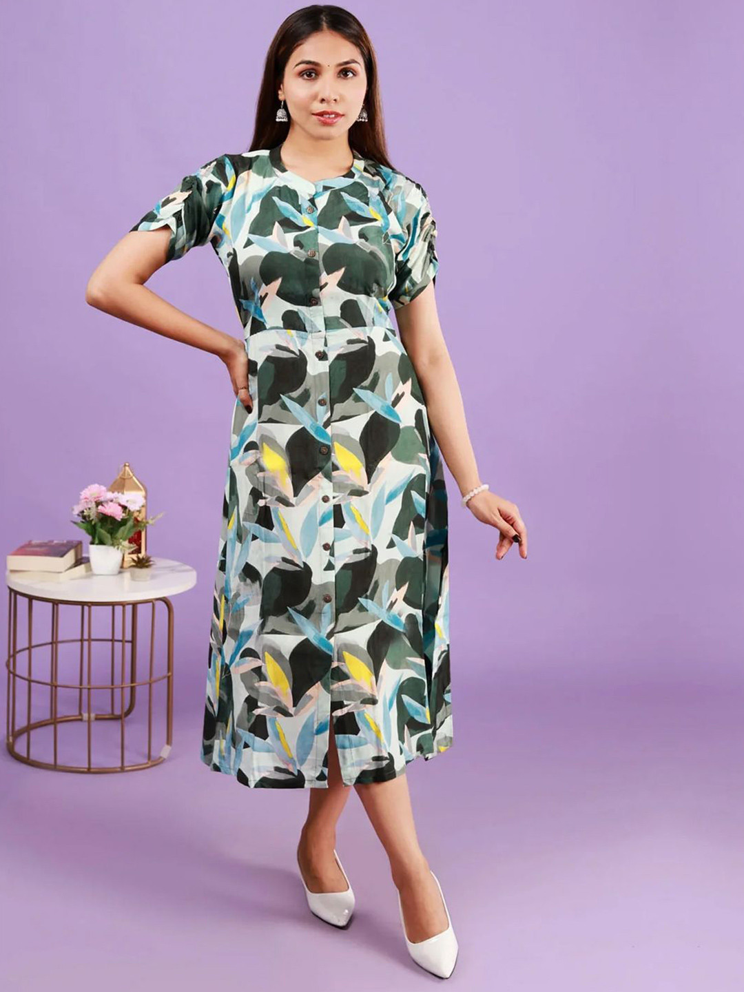 NEED APPARELS Leafy Luxe Women Abstract Printed Round Neck A-Line Midi Dress