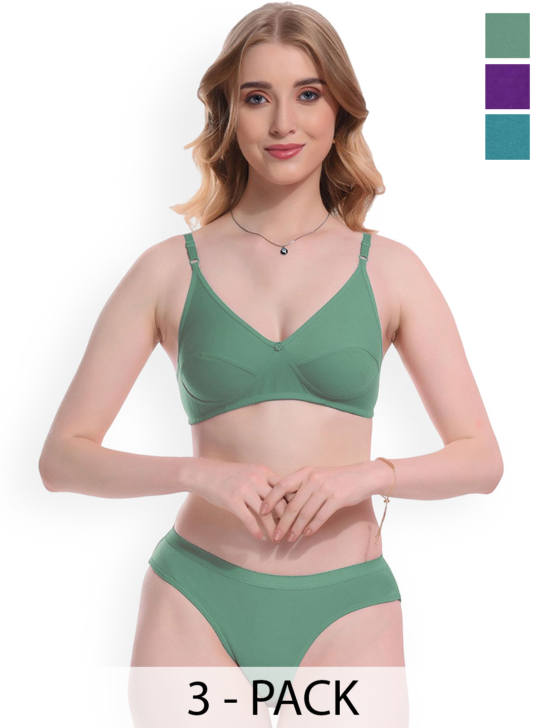 Samvar Pack Of 3 Non Padded Lingerie Sets Ruchi-Set_Mint,Pu,G