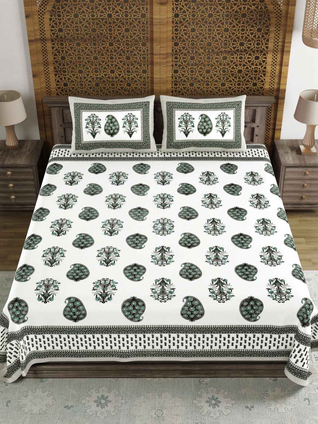 Sangria White Printed 210 TC King Size Cotton Bedsheet With 2 Pillow Covers- 2.7 m x 2.2 m