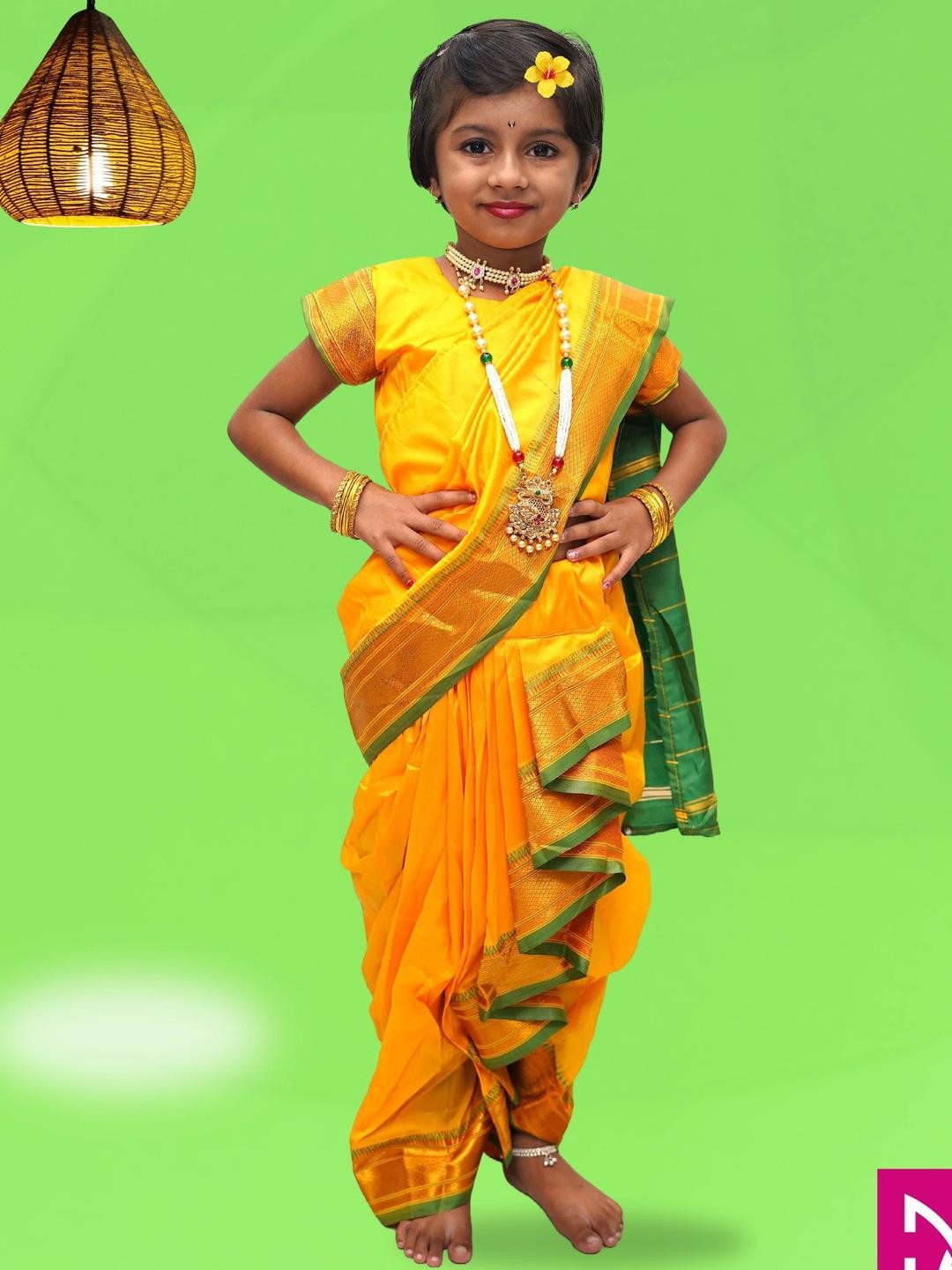Mom and Me Kids-Girls Yellow Pure Cotton Saree