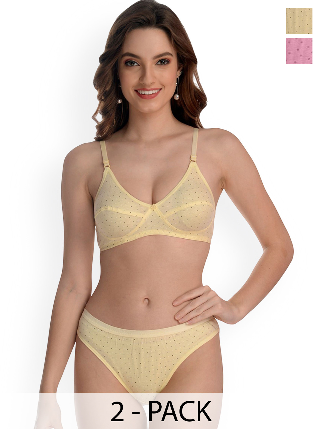 Samvar Pack Of 2 Printed Pure Cotton Non-Padded Lingerie Set-A_ZB-Set_P,Y
