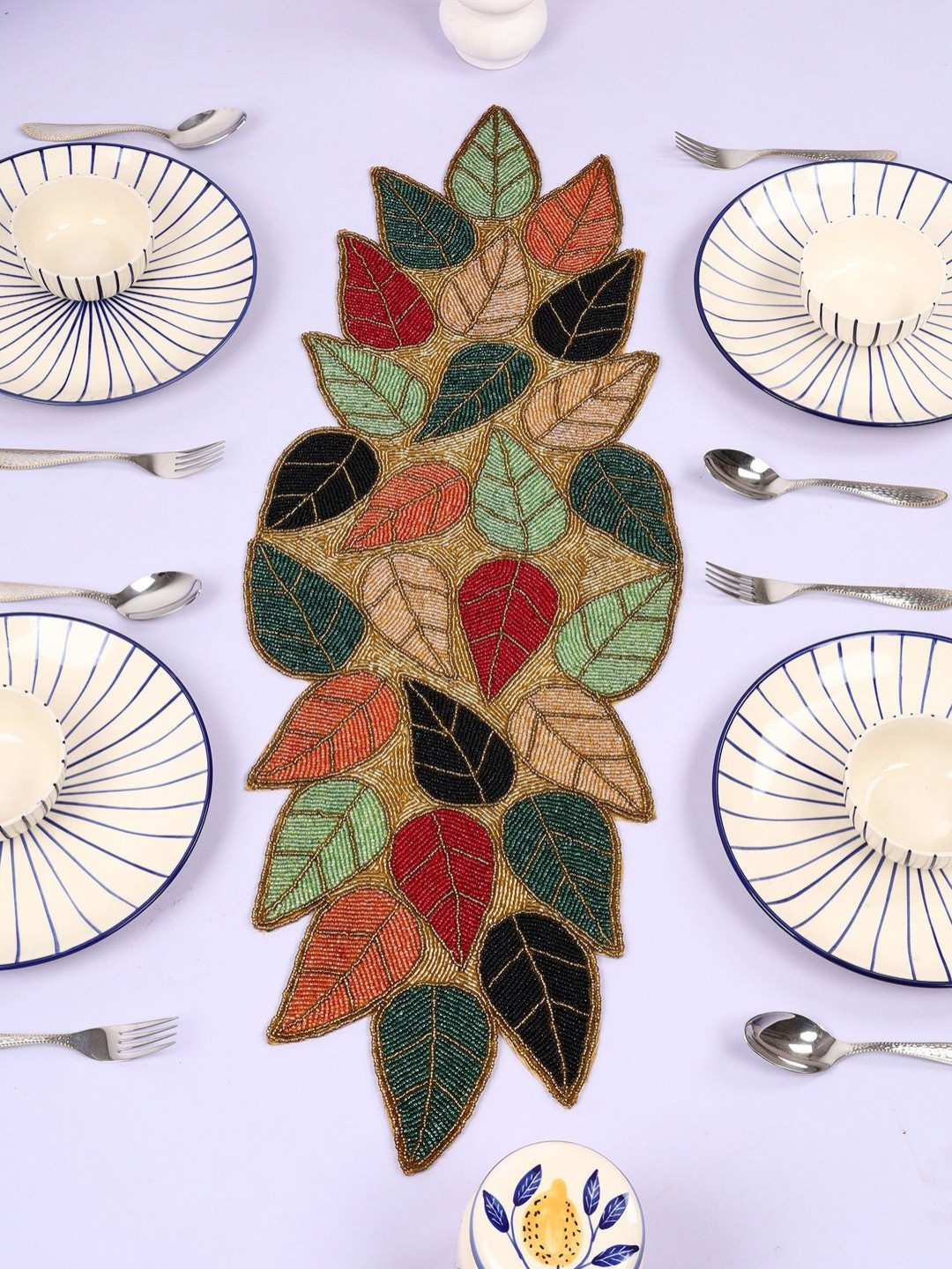 YWULY Brown & Green Embroidered Glass Beaded Dining Table Runner