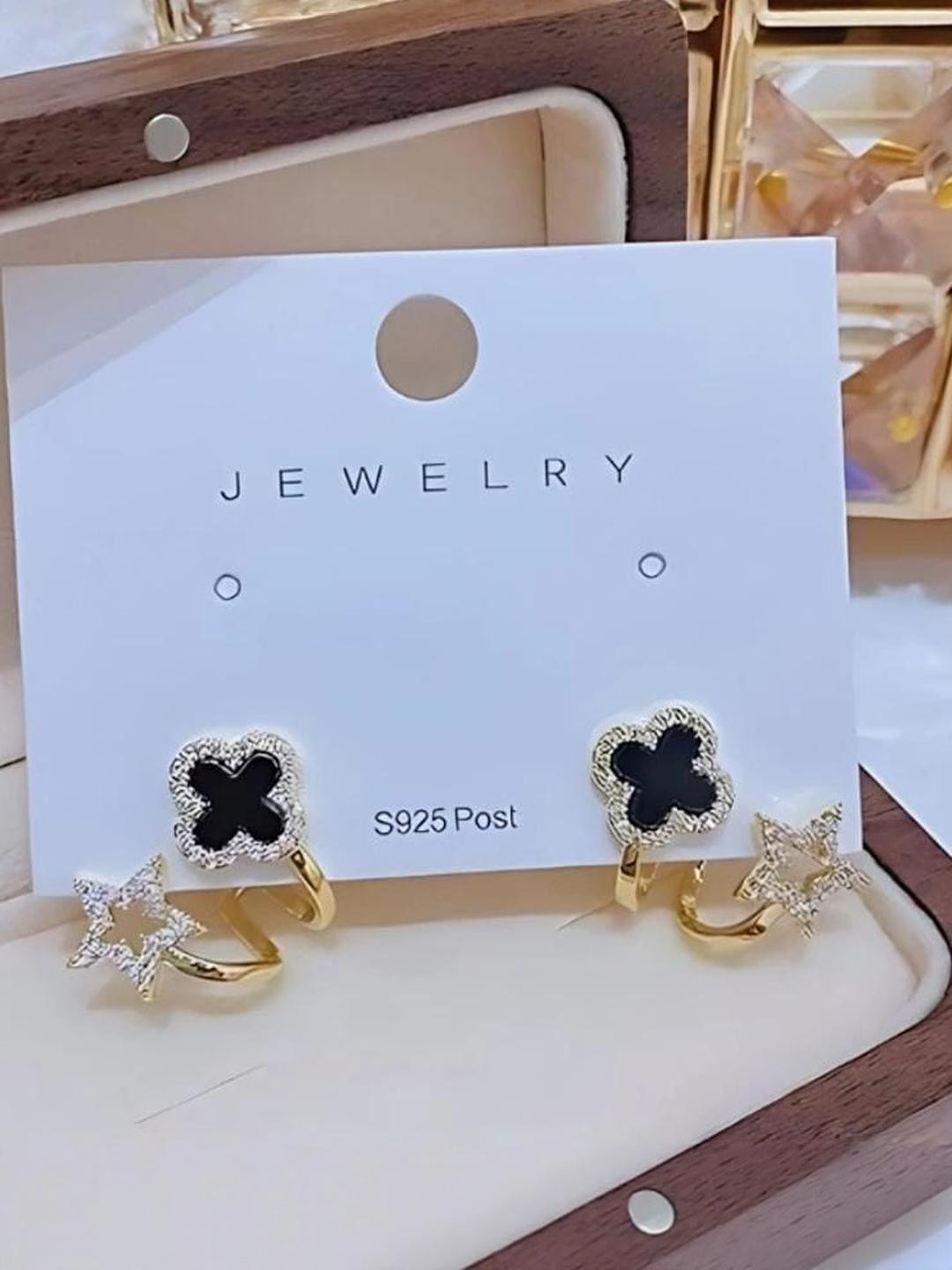 Trendy Black Clover & Star Gold-Plated Dual Design Adjustable Earrings for Women & Girls