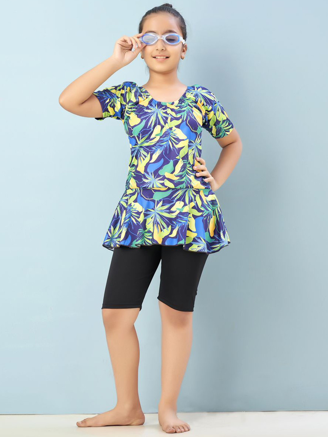 BAESD Girls Printed Swimwear & Attached Shorts With Goggle