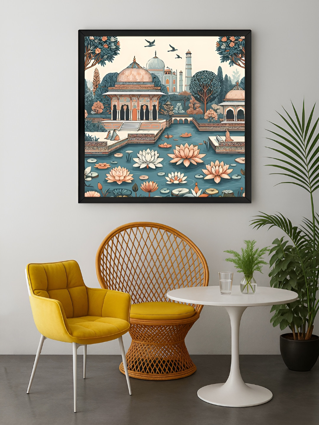 999Store Green & Off White Indian Art Mughal Garden With Flying Birds Canvas Wall Art