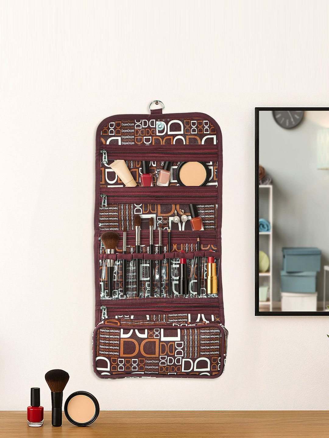 Kuber Industries Brown Rexine Hanging Makeup Kit with Magnet Closure Stylish Toiletry Kit