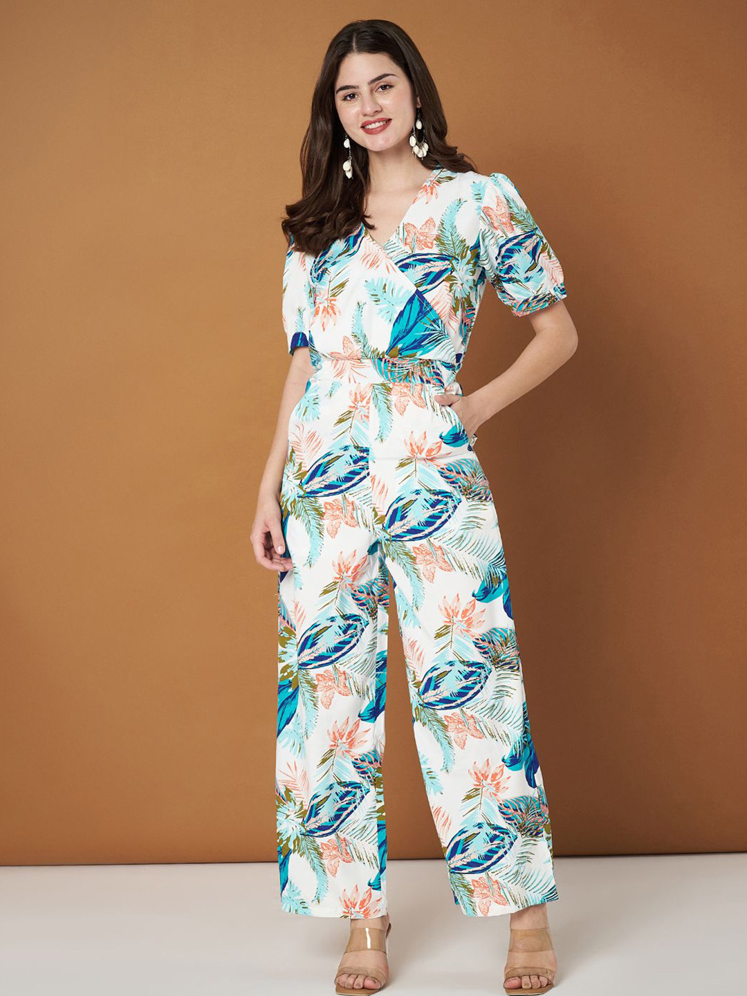 BRINNS Floral Printed V-Neck Puffed Sleeves Jumpsuit
