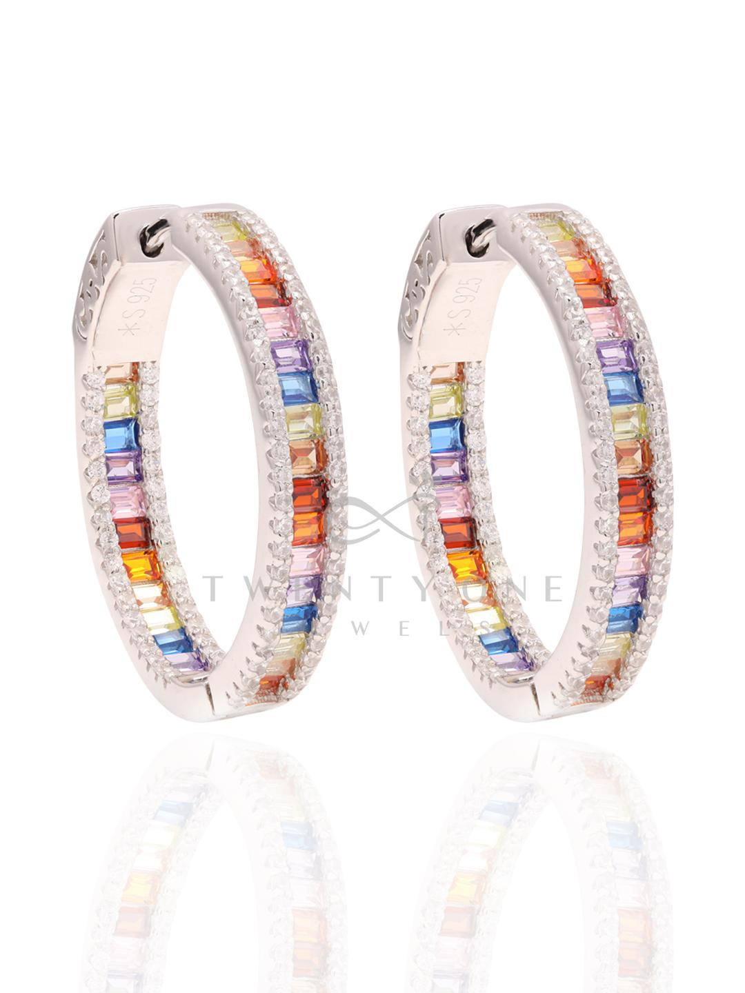 Multi Coloured Baguette Diamond Classic Round Hoops on Pure 925 Silver