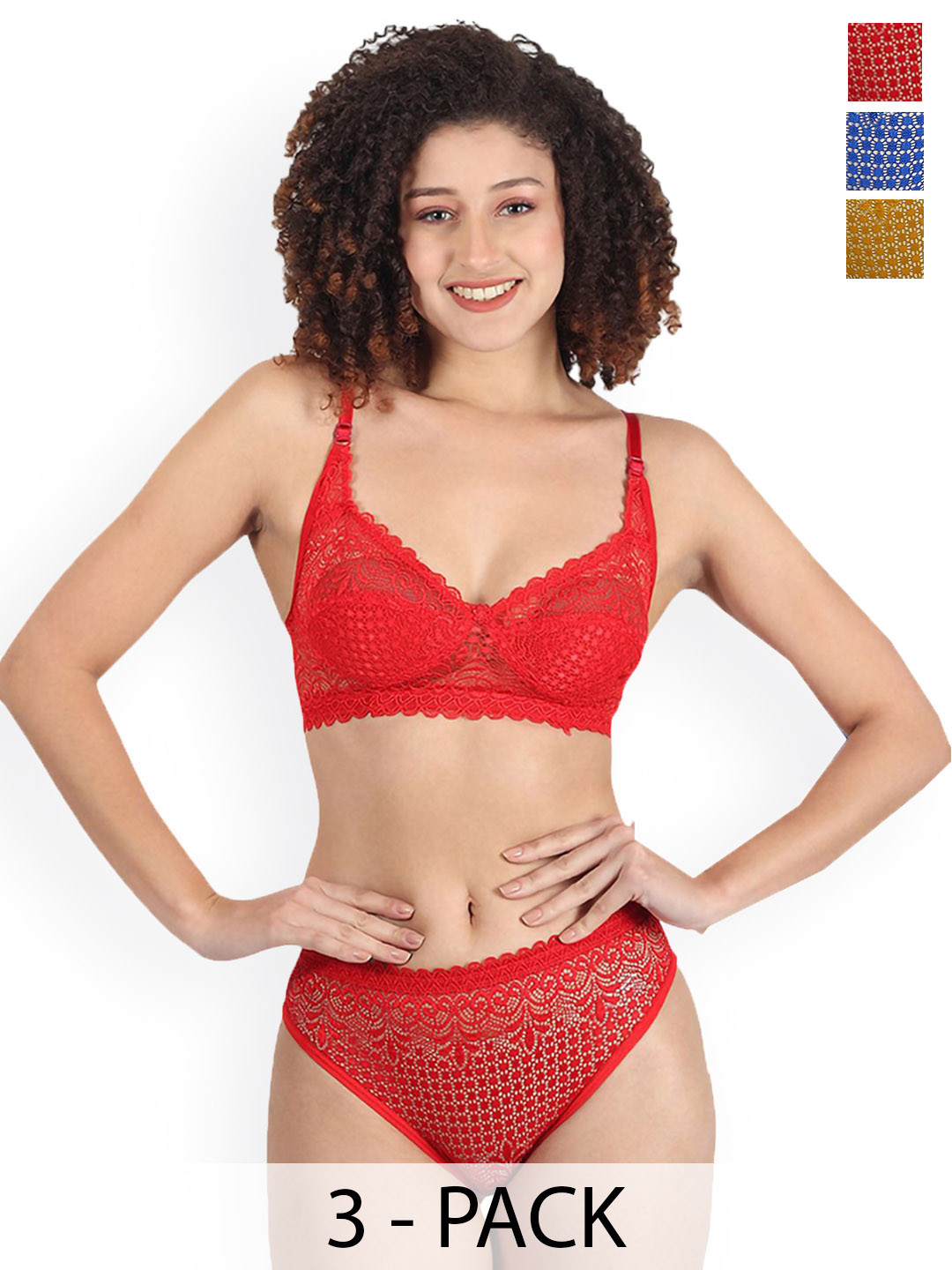 Samvar Pack Of 3 Self Design Non Padded Lingerie Sets B-Rain-Set_R,B,Y