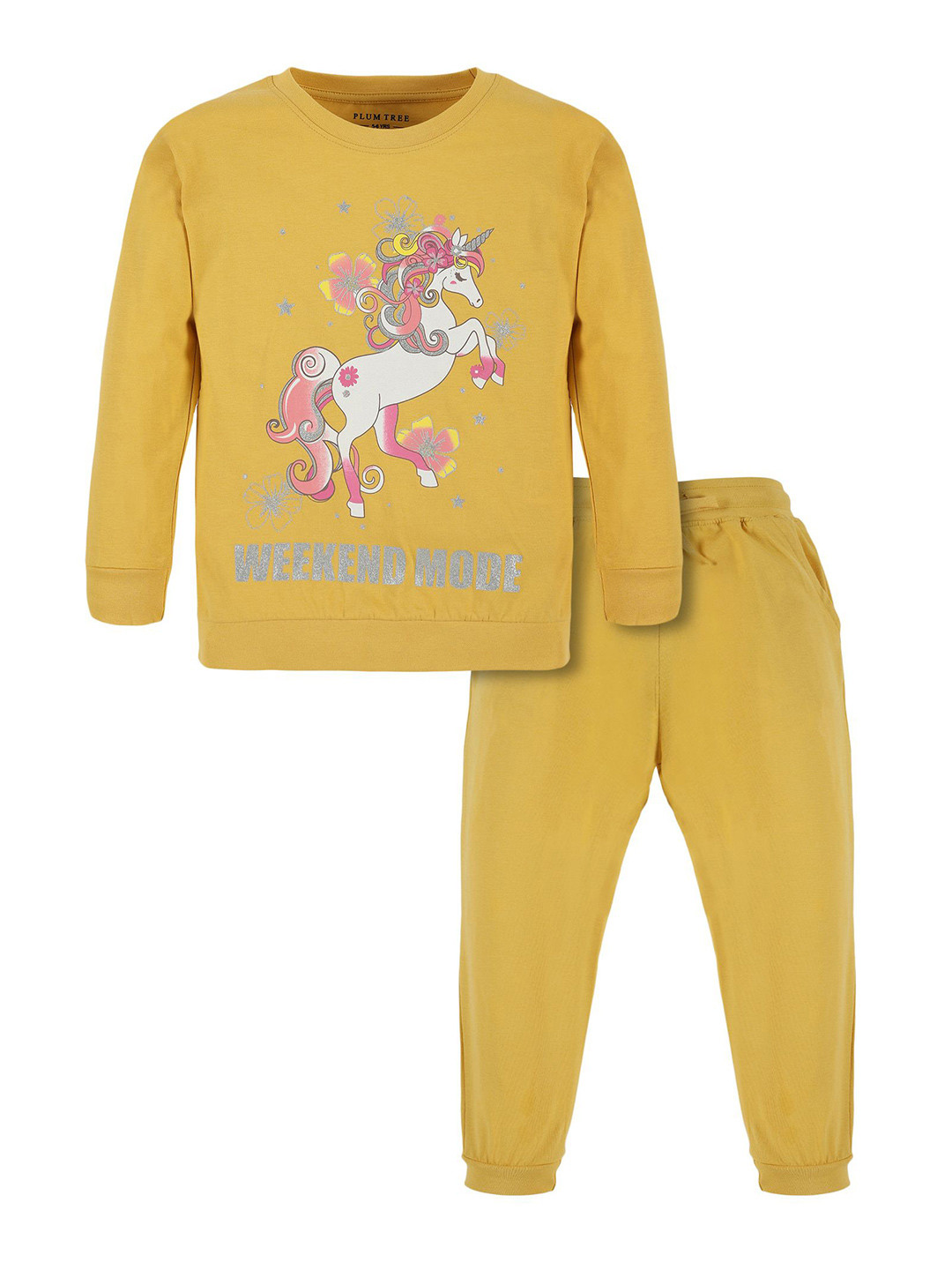 PLUM TREE Girls Horse Printed Round Neck Long Sleeves Pure Cotton T-shirt & Joggers