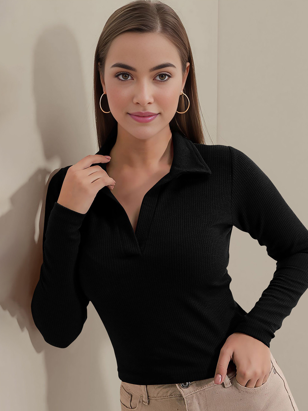 Dream Beauty Fashion top-04-apple-black Women Solid Long Sleeves Shirt Style Top