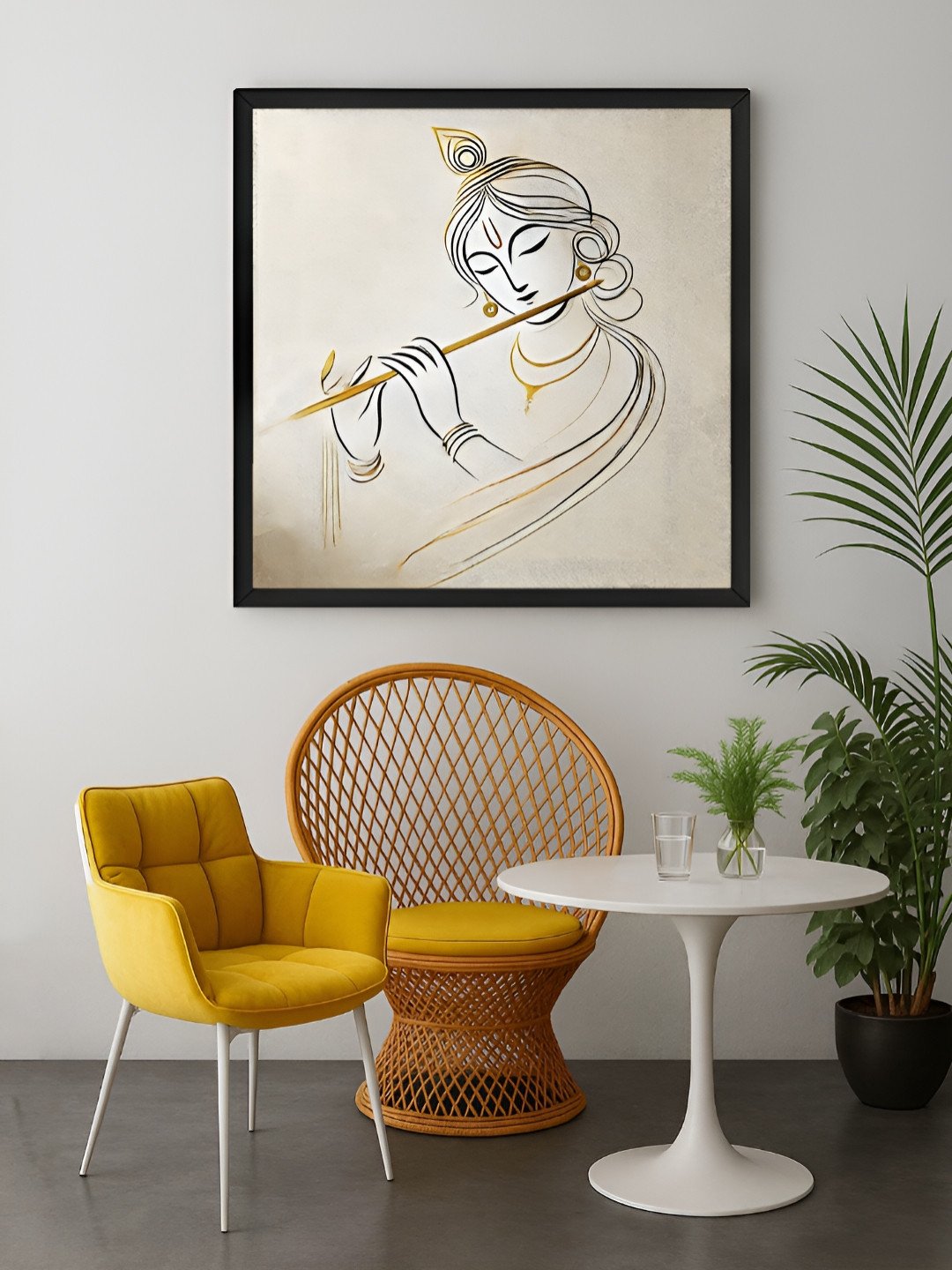 999Store Grey & Off White Elegant Minimalist Line Art of Lord Krishna Canvas Wall Art