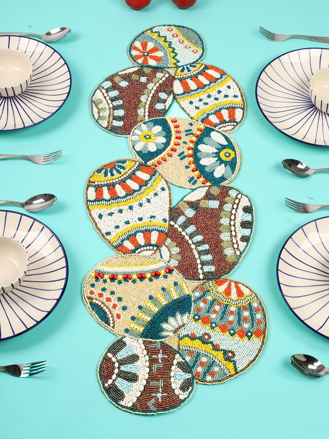 YWULY White & Turquoise Blue Embroidered Beaded Dining Table Runner