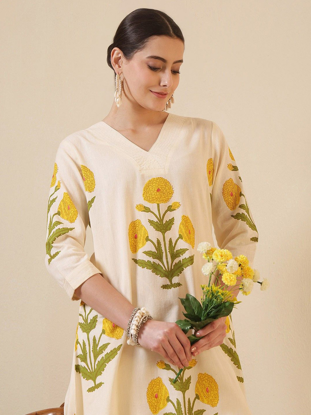 PHYSIL Women Ethnic Motifs Printed Pure Cotton V-Neck A-Line Kurta