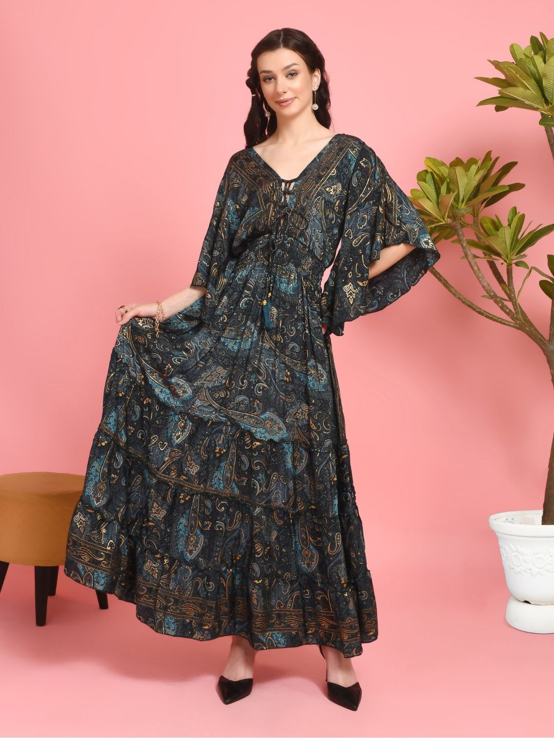 Boholyfe Rhea Midnight Garden Women Paisley Printed V-Neck Flared Sleeve Empire Maxi Dress