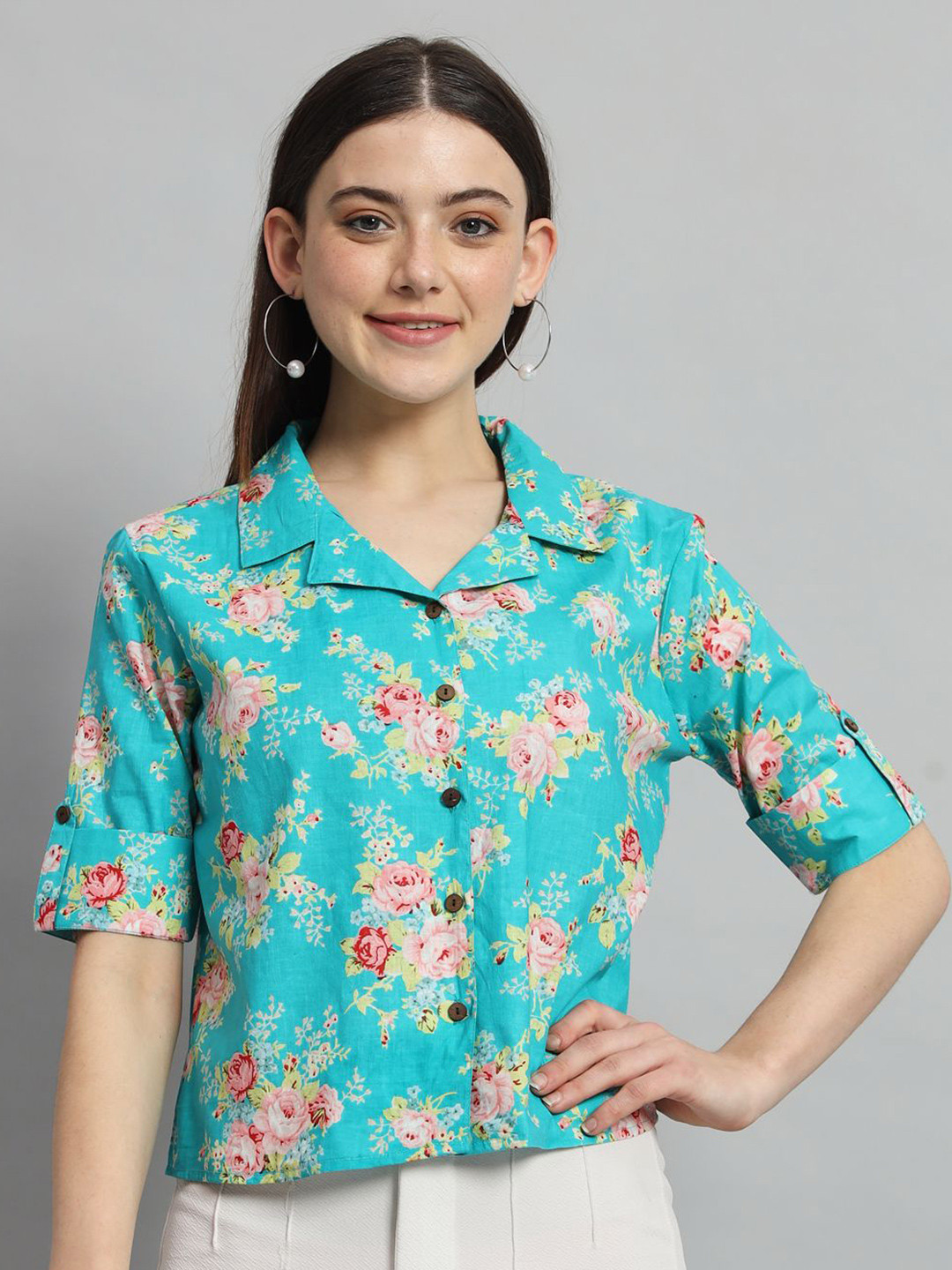 Ravaiyaa Women Floral Print Roll-Up Sleeves Cotton Crop Top