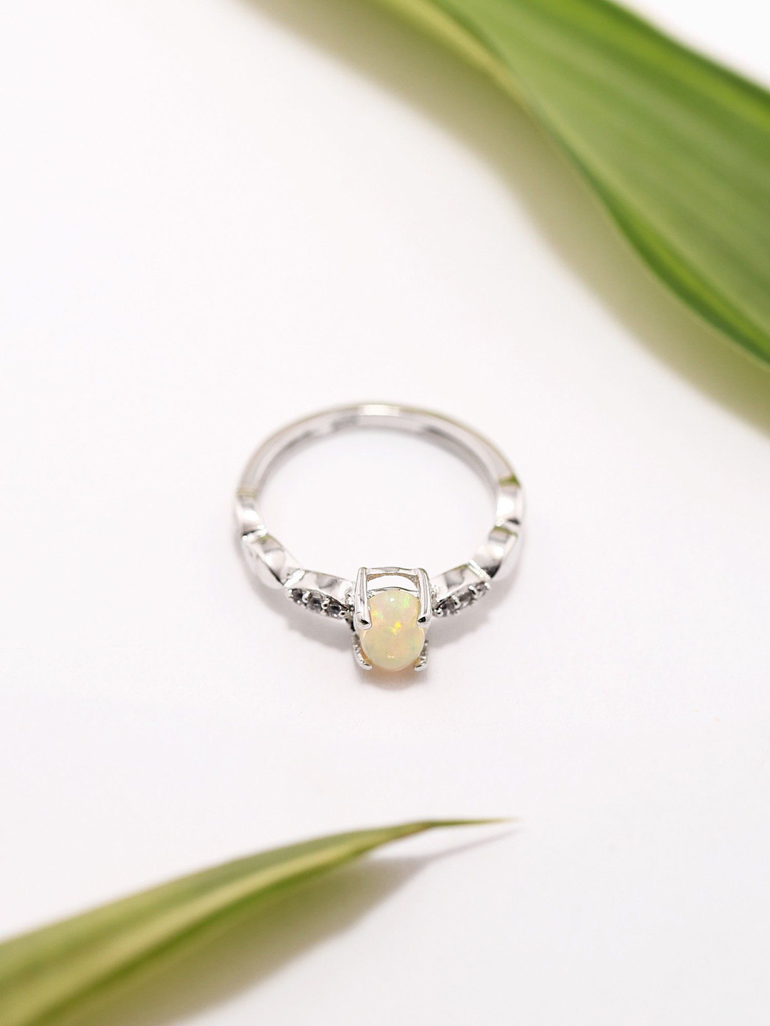 Exotic India 925 Sterling Silver Cabochon Ethiopian Opal & Cubic Zirconia Studded Ring