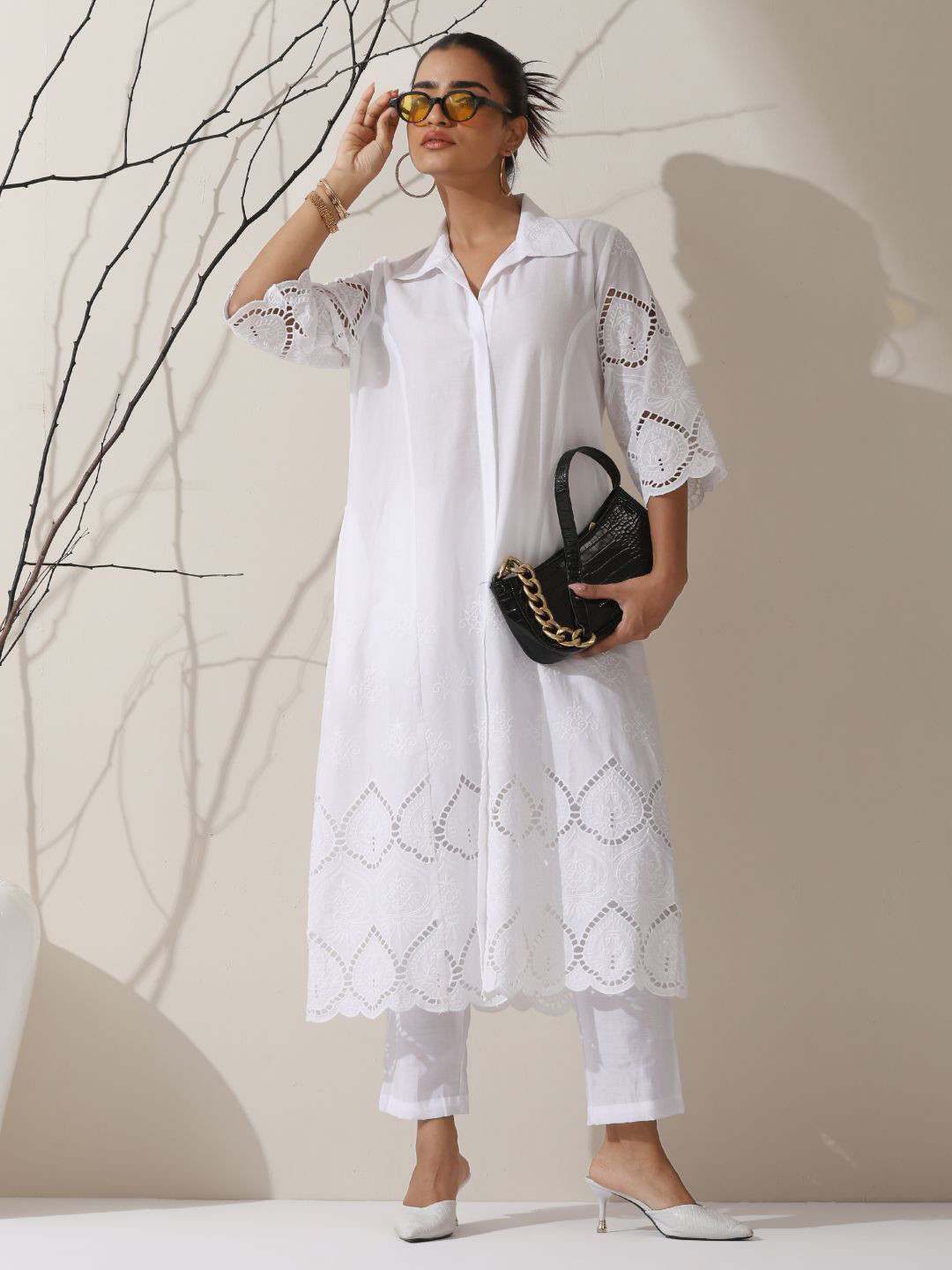 Swtantra Ethnic Motifs Self Design Thread Work Pure Cotton Fusion Kurta With Palazzo