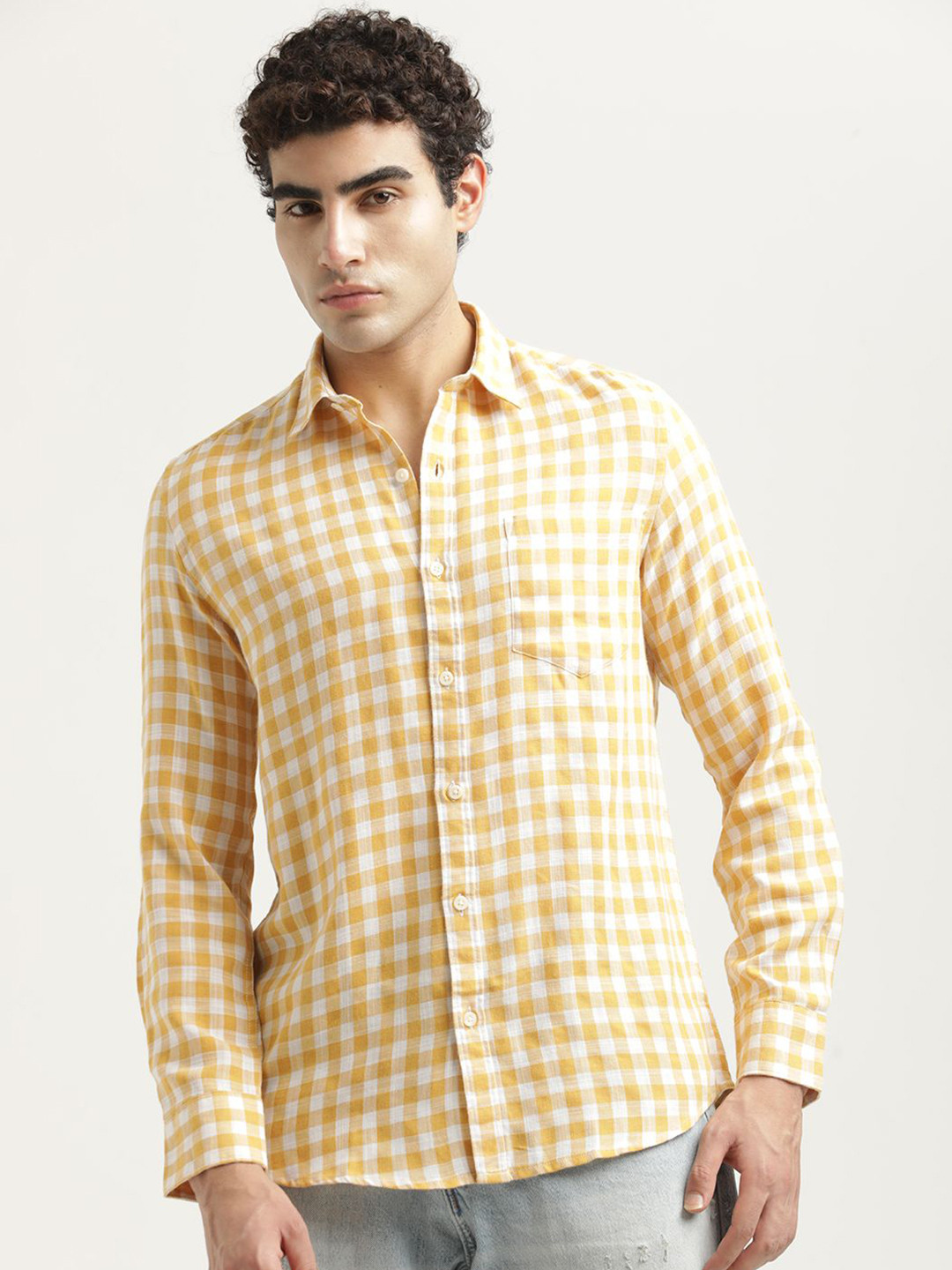 Blu MNKY Smart Textured Spread Collar Long Sleeves Cotton Linen Shirt