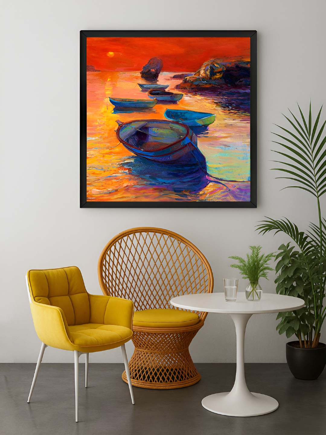 999Store Orange Colored & Red Boats Printed Canvas Wall Art