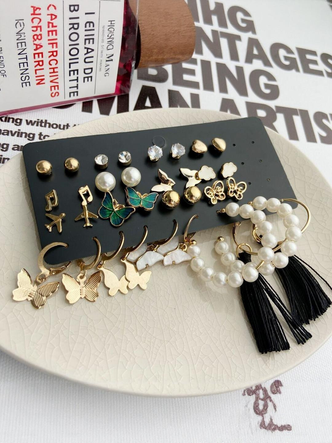 TheVineGirl 17 Pair Gold-Plated Studs, Tassel, Hoop & Drop Earrings