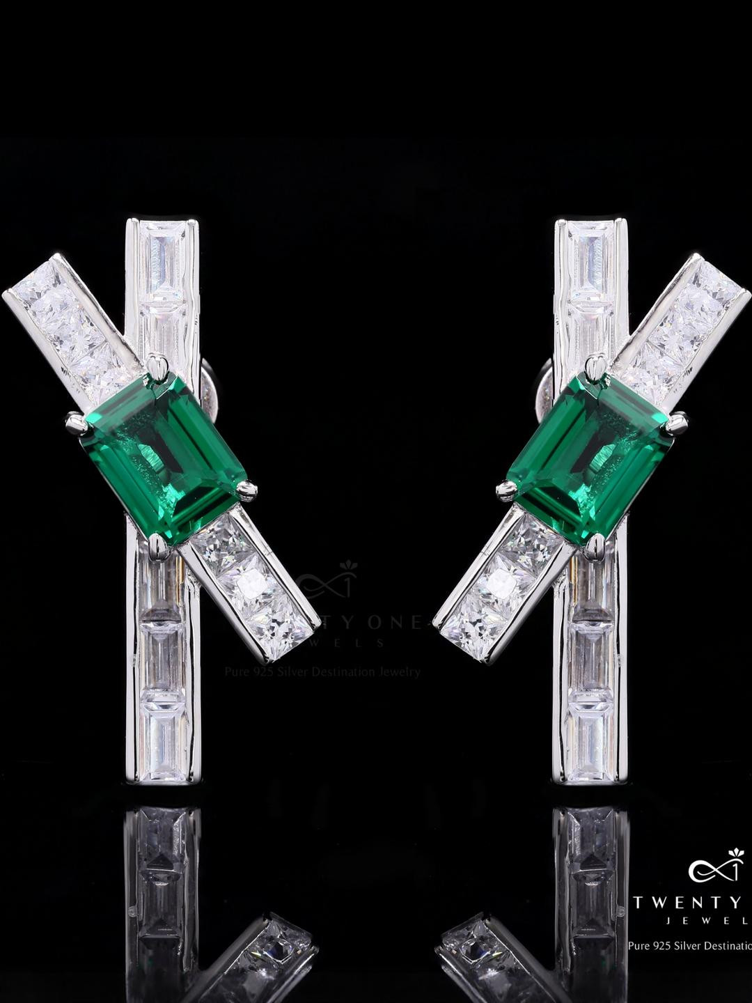 Ultra Premium American Diamond Baguette Earrings with Emerald Doublets on Pure 925 Silver