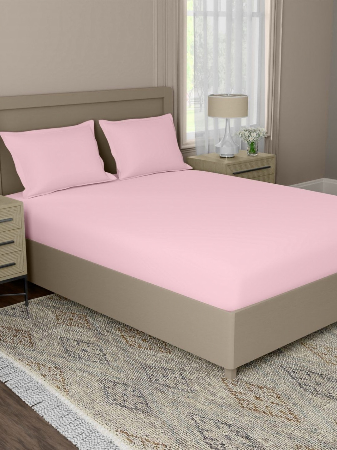 home expressions Pink 144 TC Queen Bedsheet with 2 Pillow Covers