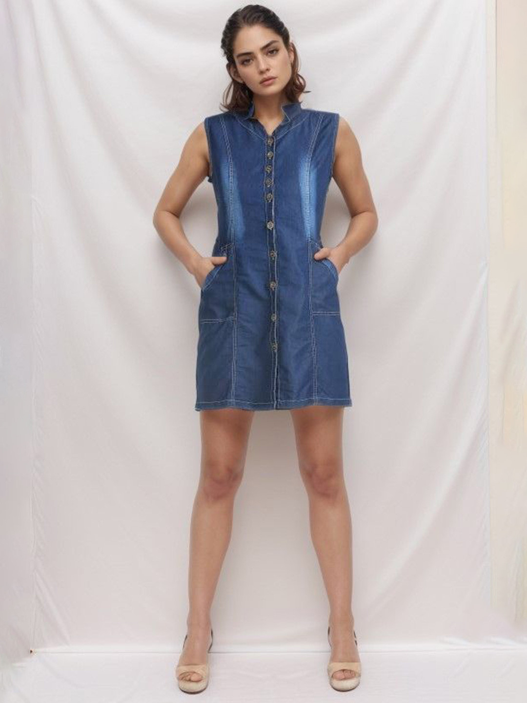 OOTPTAANG Women Mandarin Collar Cotton Denim A-Line Dress With Pocket Detailing
