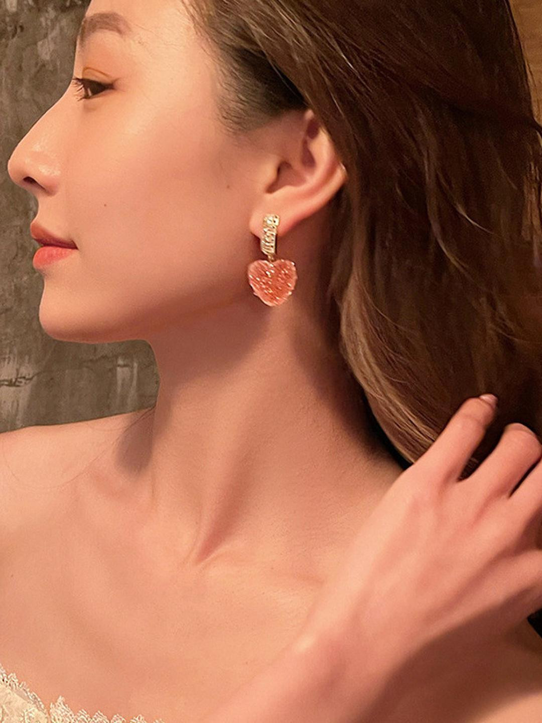 TheVineGirl Korean Pink Love Heart Crystal Drop Earrings For Women And Girls