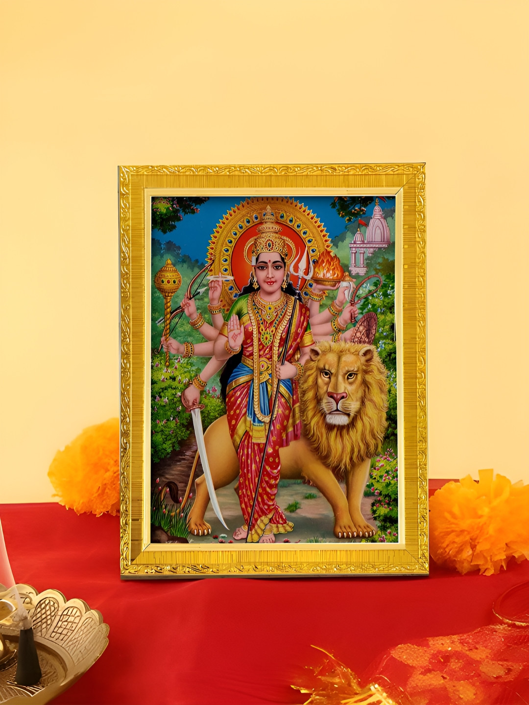 Art Street Gold Toned & Green Divine Devi Maa Durga Printed Religious Photo Frame