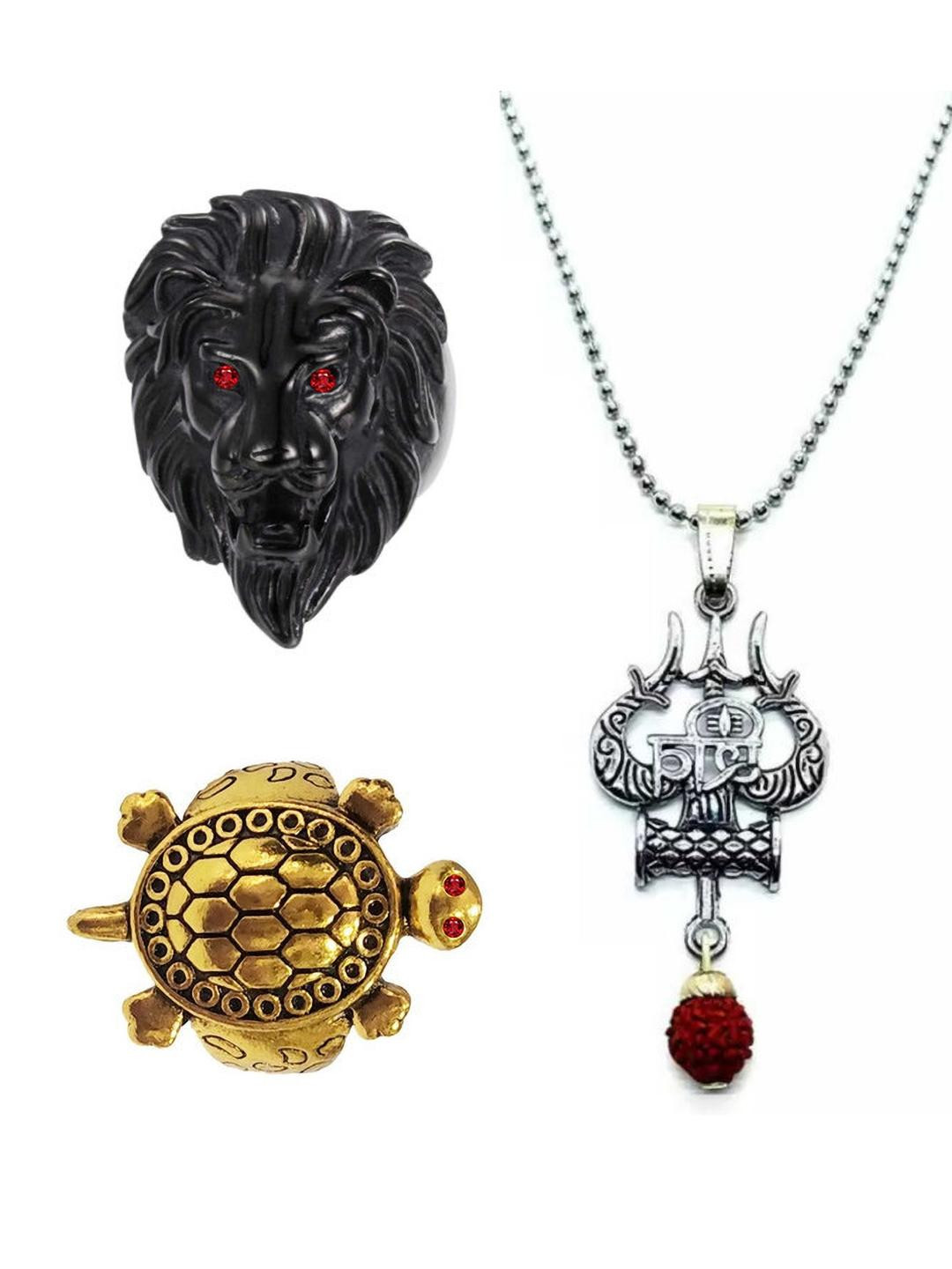 Dynamic Retail Global  2 Stainless Steel Rings And Trishul Pendant with Chain