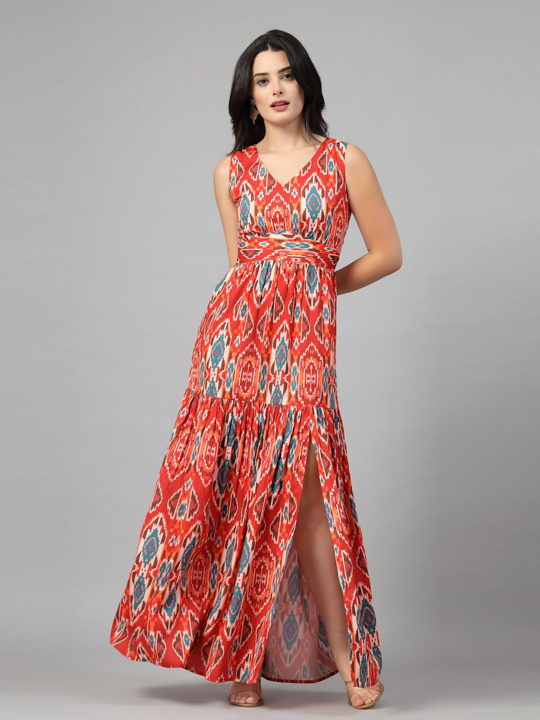 JEFF COOPER Women Ikat Printed V-Neck Side Slits Fit & Flare Maxi Dress