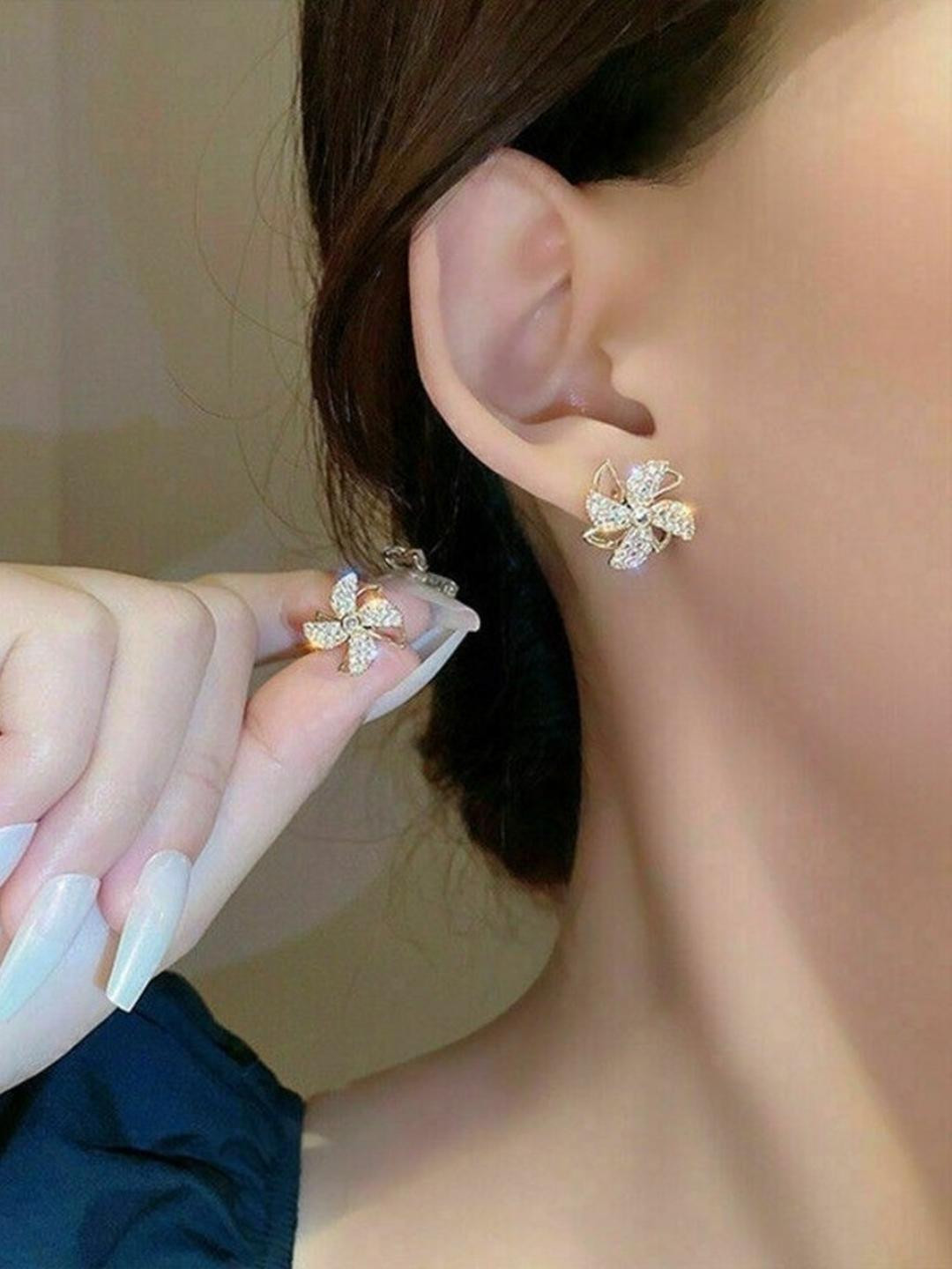 TheVineGirl Korean Stone Studded Windmill Rotating Gold-Plated Stud Earrings