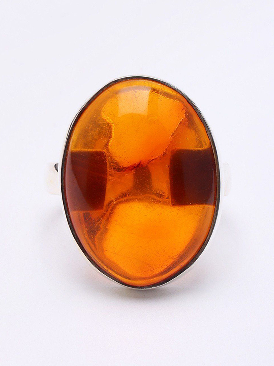 Exotic India 925 Sterling Silver Oval Shape Cabochon Amber Stone Studded Finger Ring