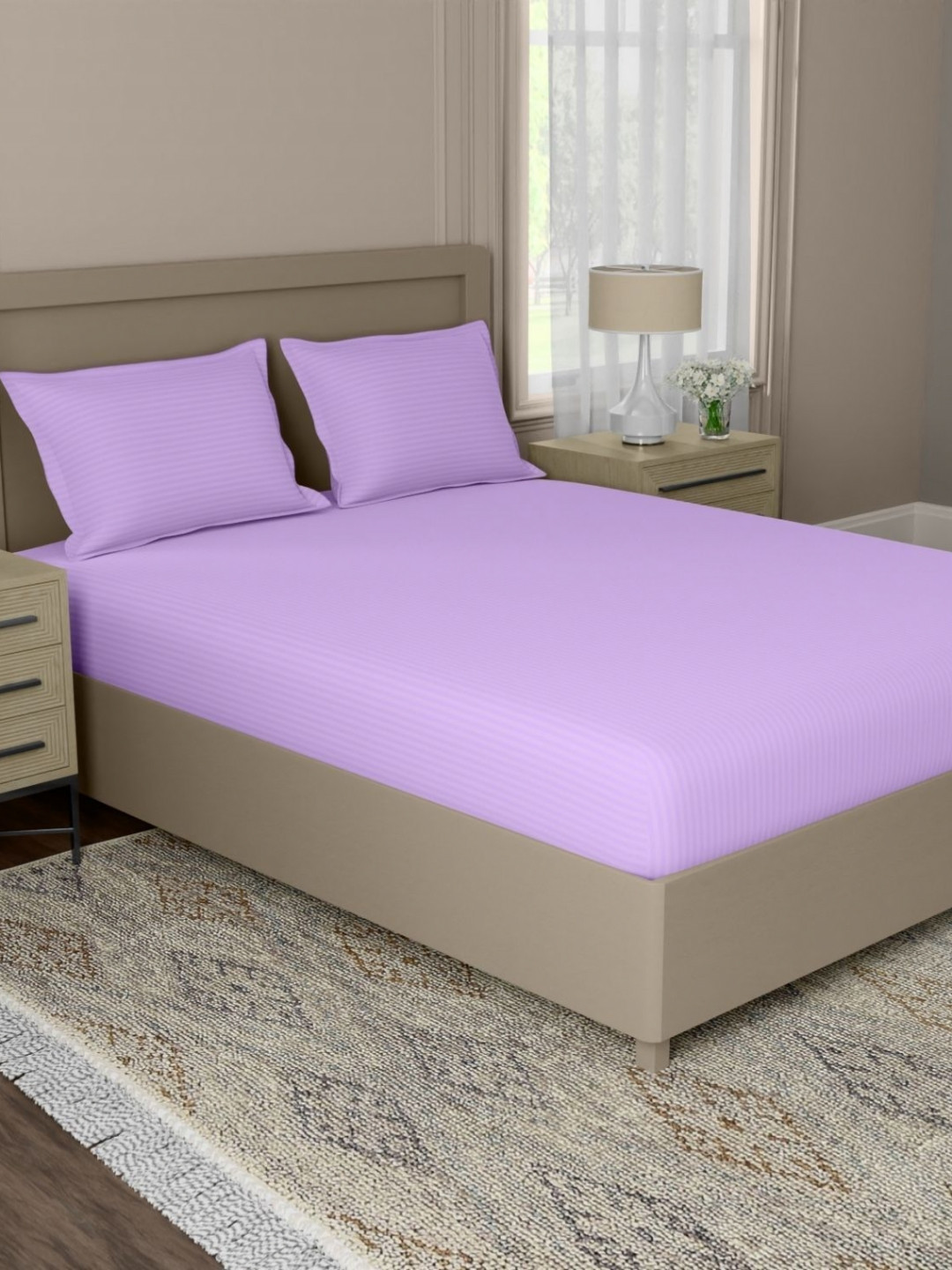 home expressions Palette Lavender Striped Satin Double Queen Bedsheet Set 2.24m X 2.54m