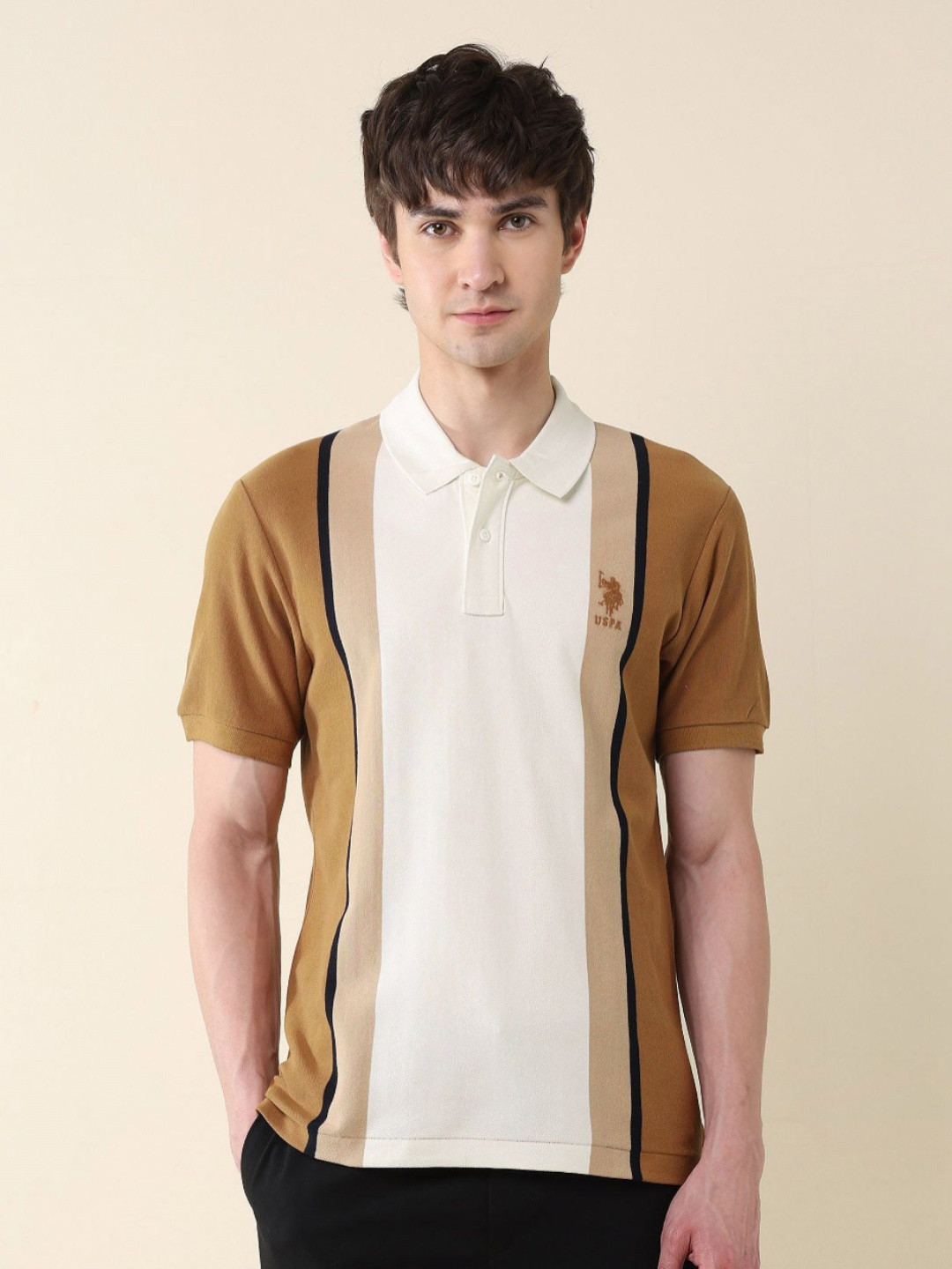 U.S. Polo Assn. Men Colourblocked Polo Collar Raw Edge Slim Fit T-shirt